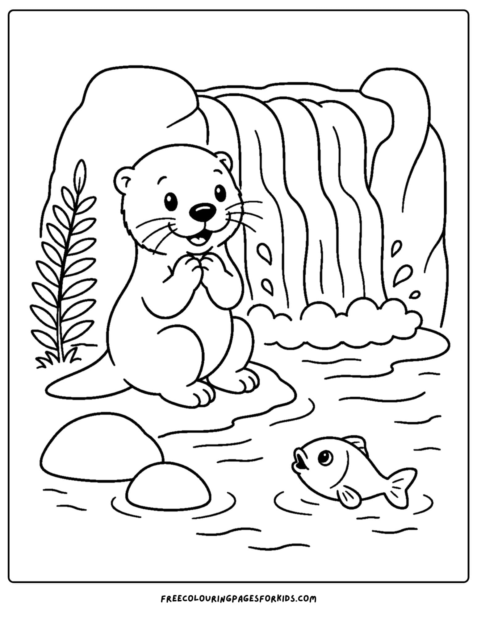 a coloring page of an otter beside a waterfall watching a fish