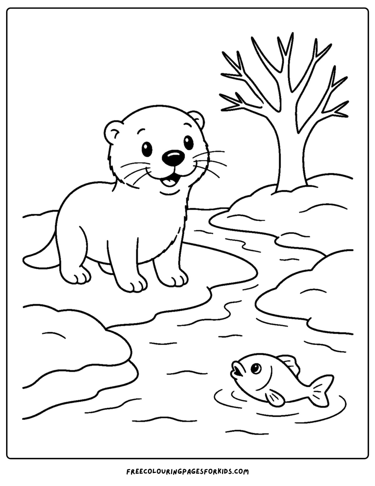 a coloring page of an otter standing next to a snowy stream with a fish in it