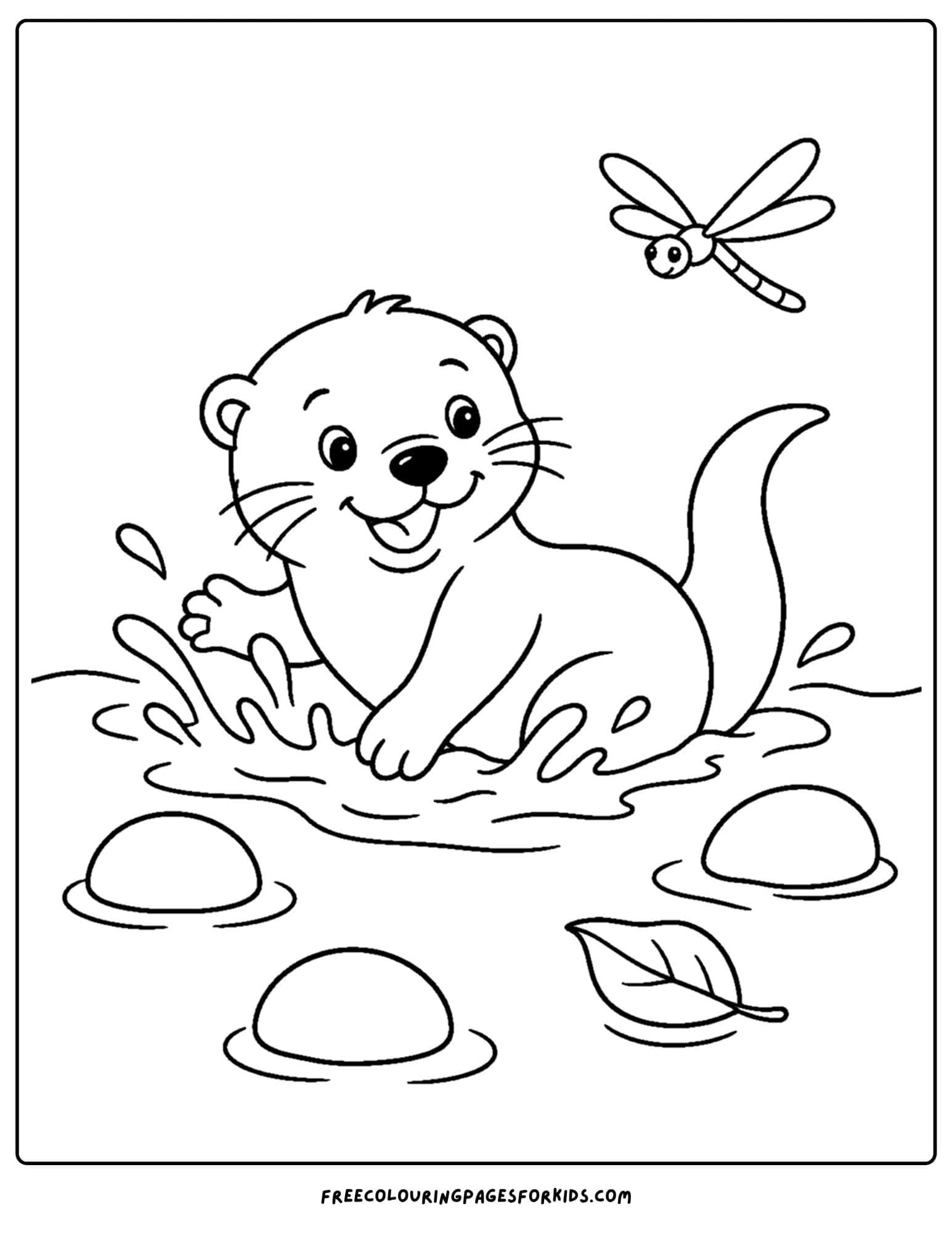 a coloring page of an otter splashing around in a river