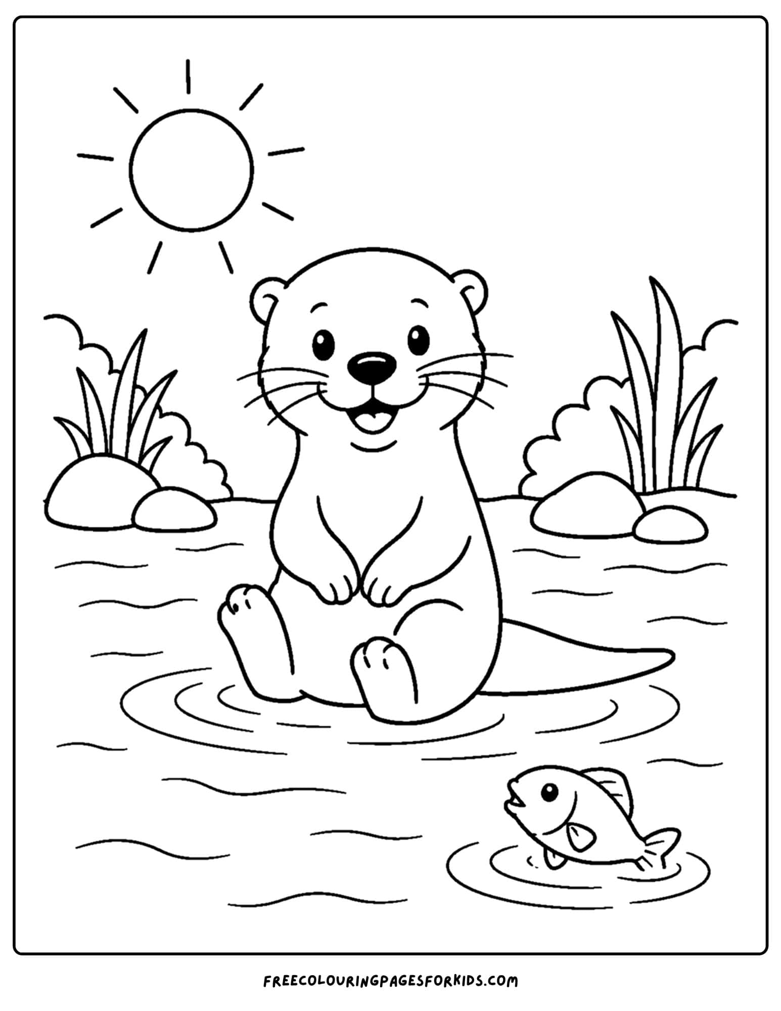 a coloring page of an otter sitting in a river on a sunny day