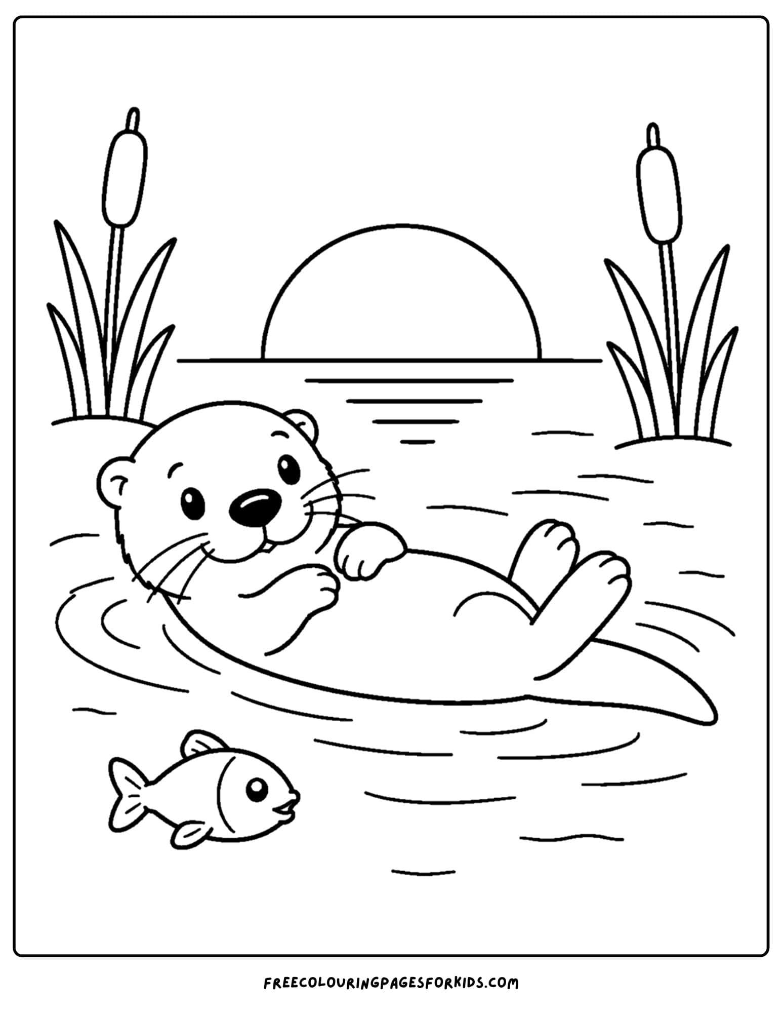 a coloring page of an otter floating in the water at sunset