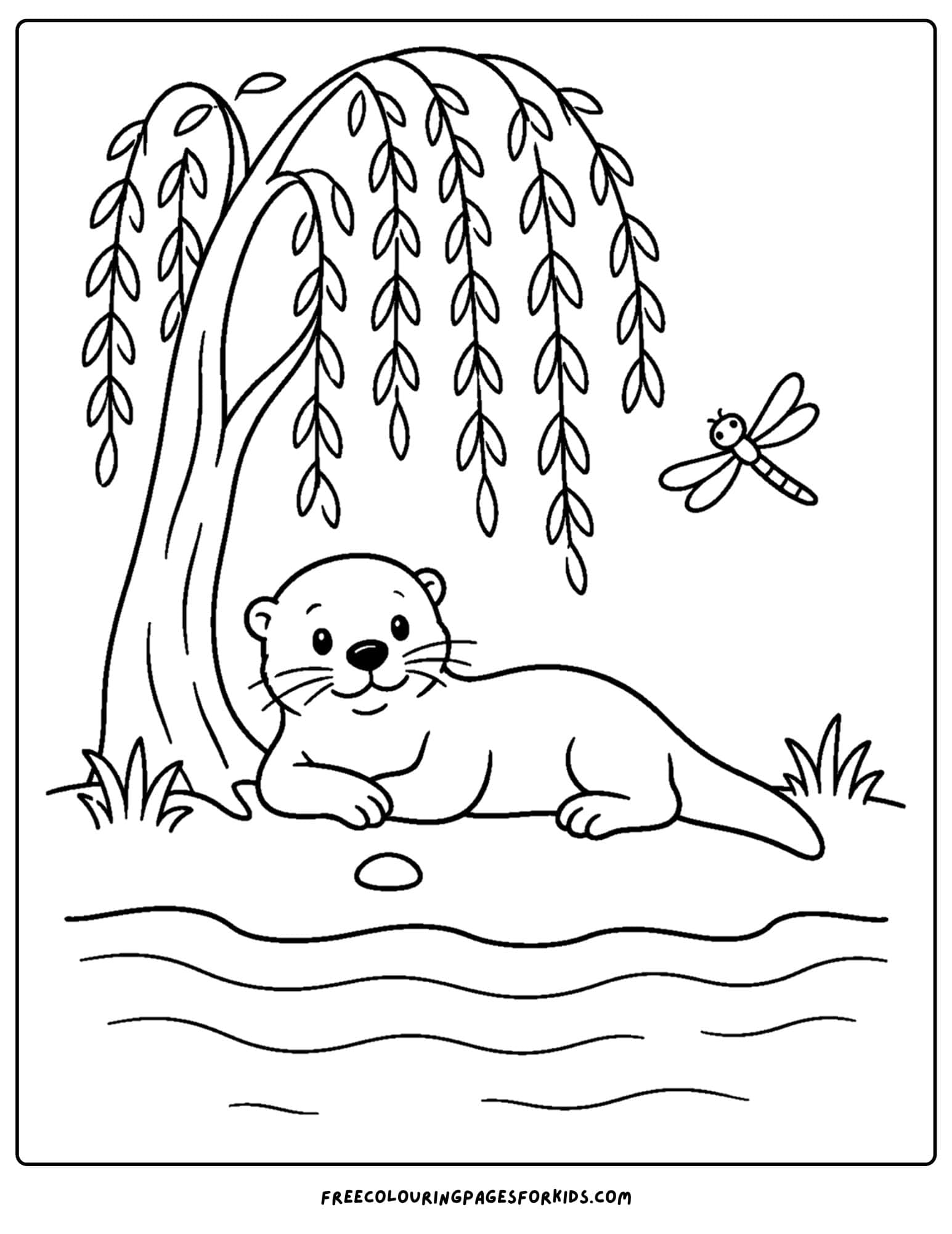 a coloring page of an otter resting under a willow tree