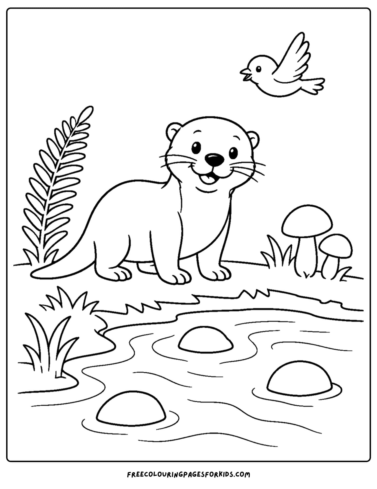 a coloring page of an otter standing beside a creek