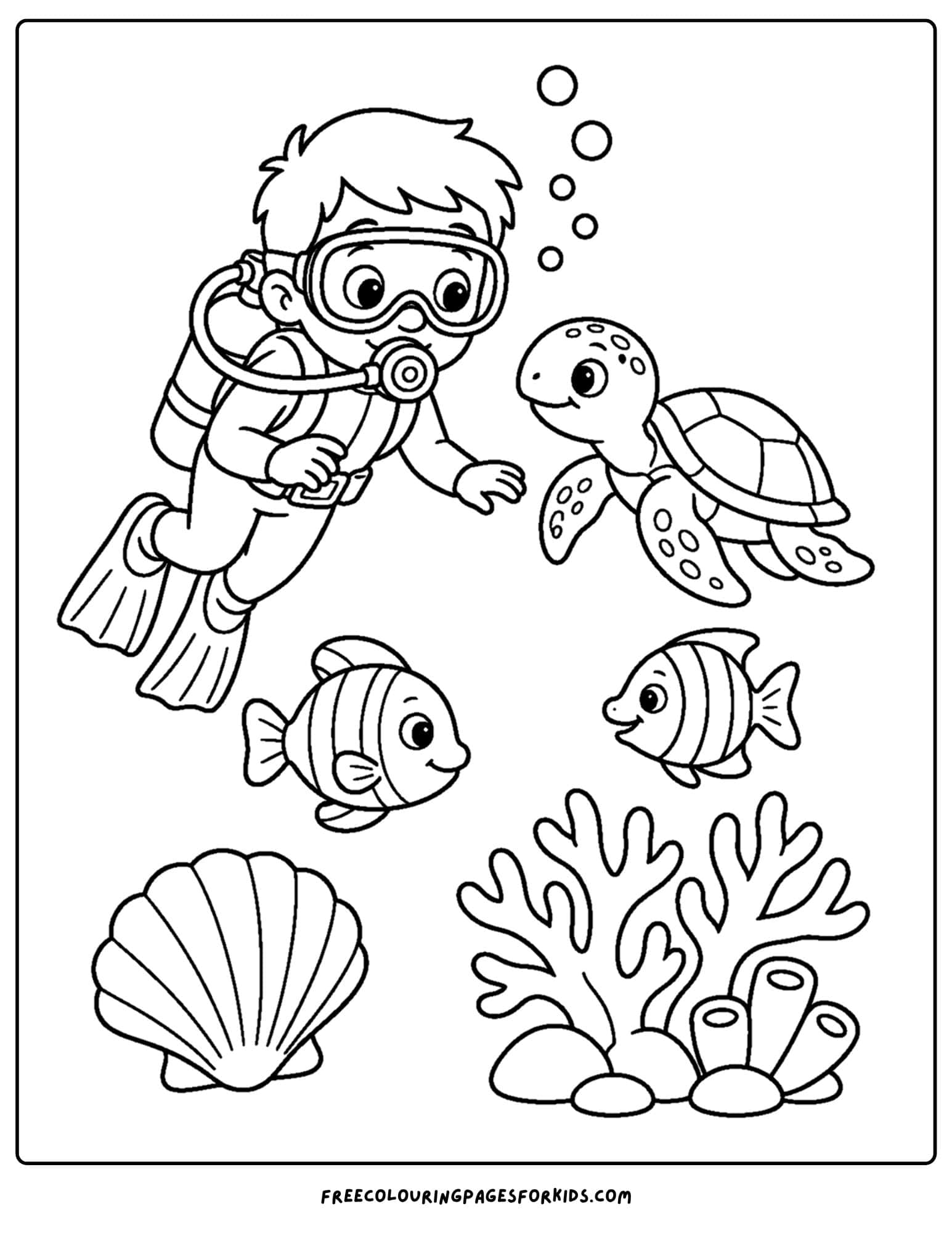 a coloring page of a scuba diver watching a turtle and fish under the water