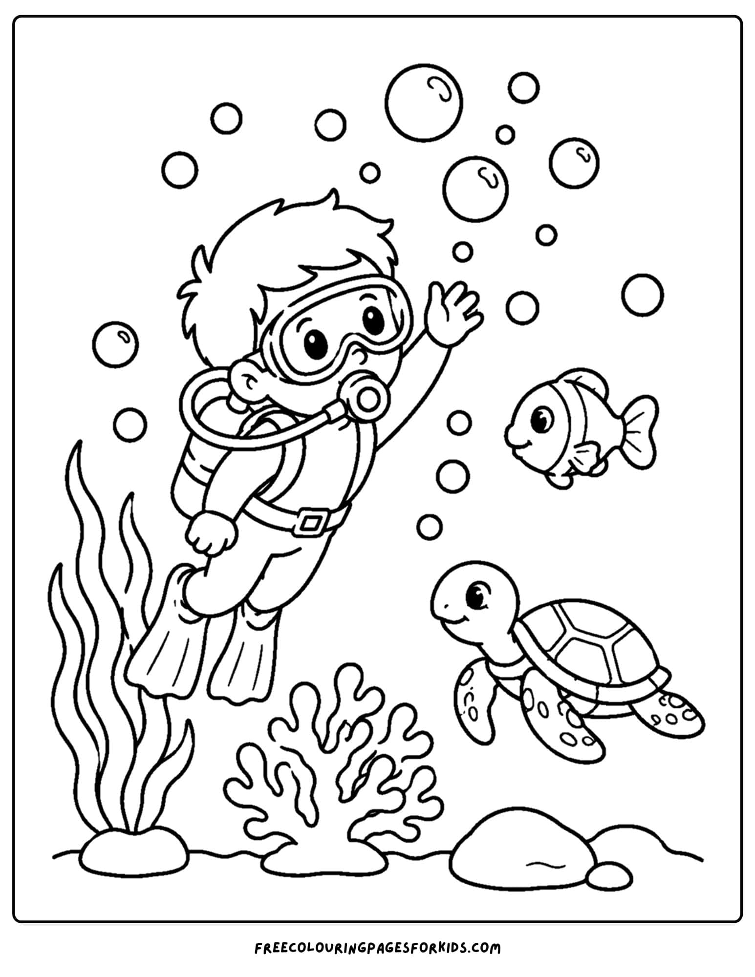 a coloring page of a scuba diver looking at a bubble trail