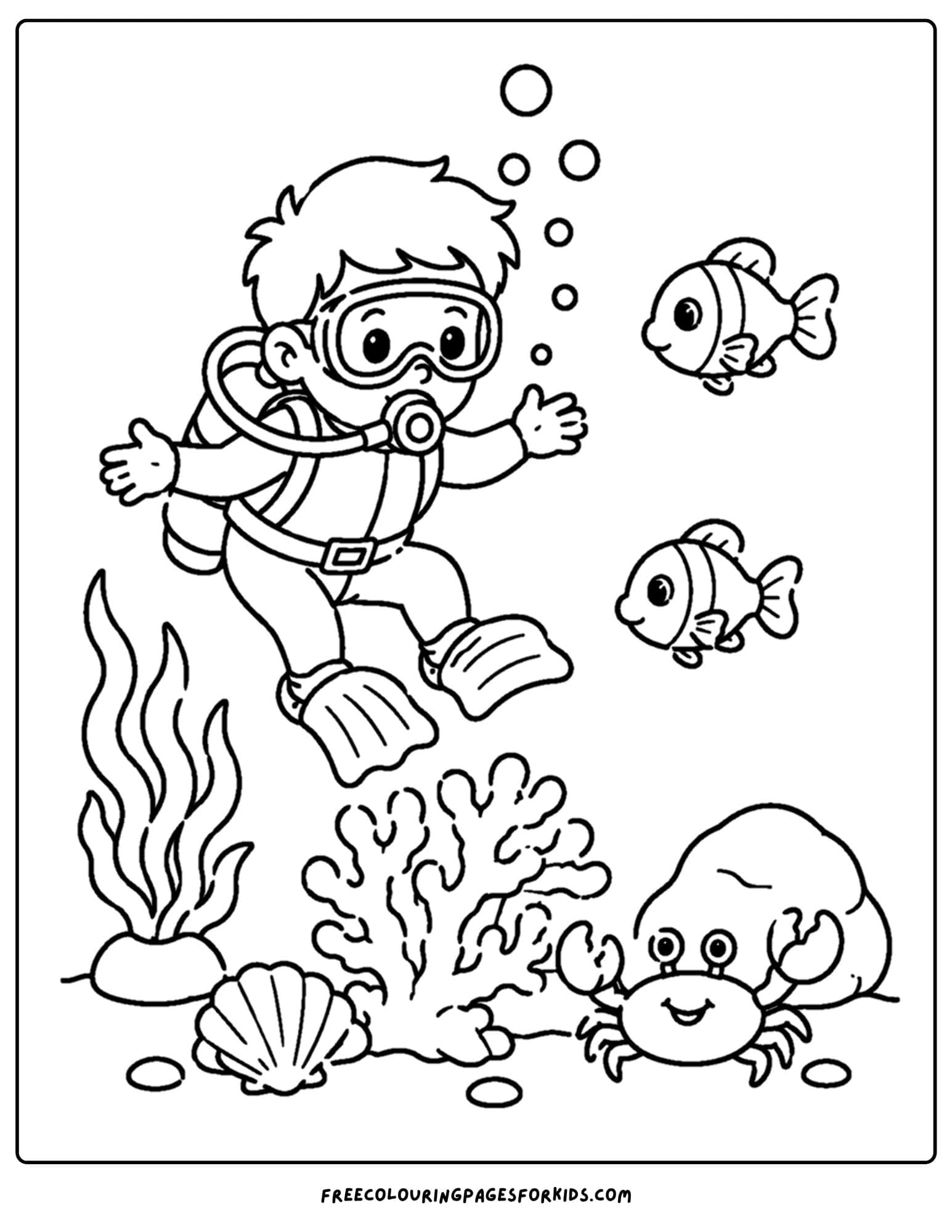 a coloring page of a scuba diver calmly observing marine animals