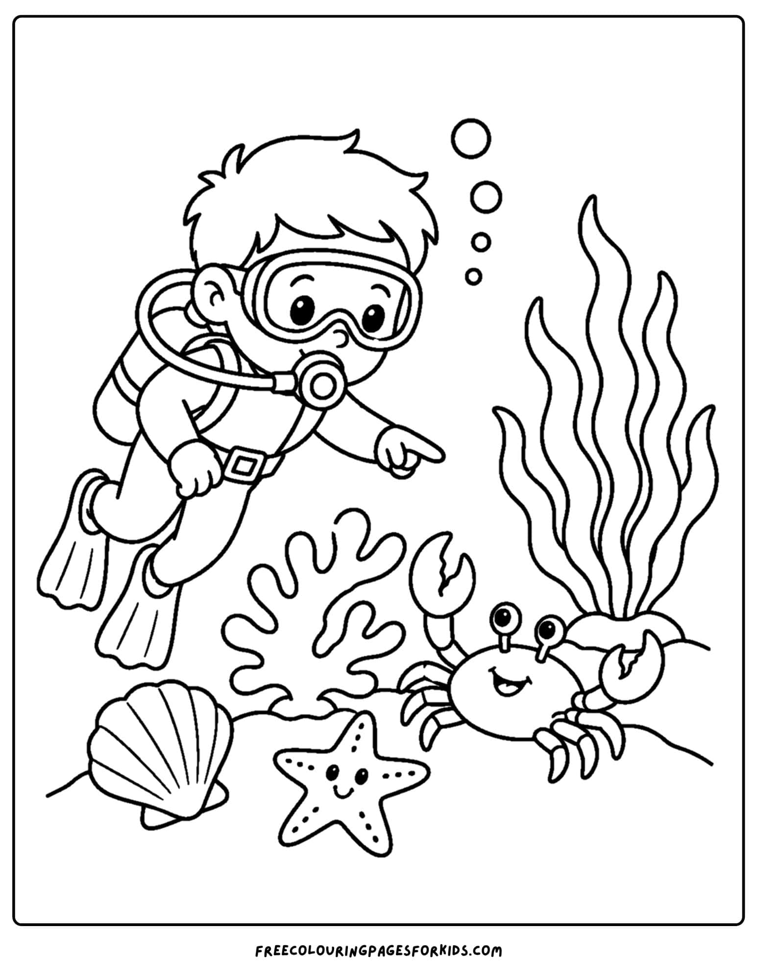 a coloring page of a scuba diver and a happy crab