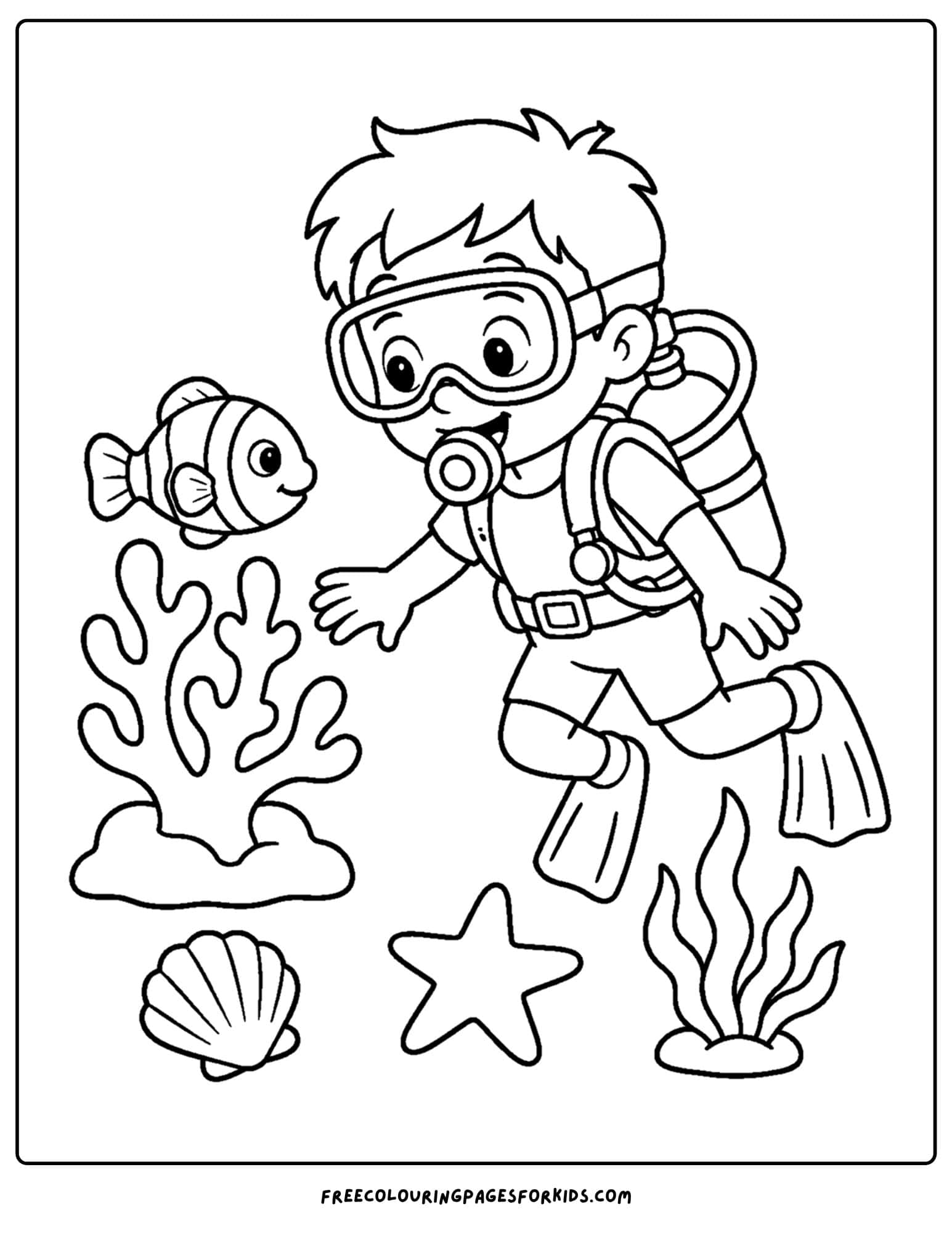a coloring page of a scuba diver exploring some coral