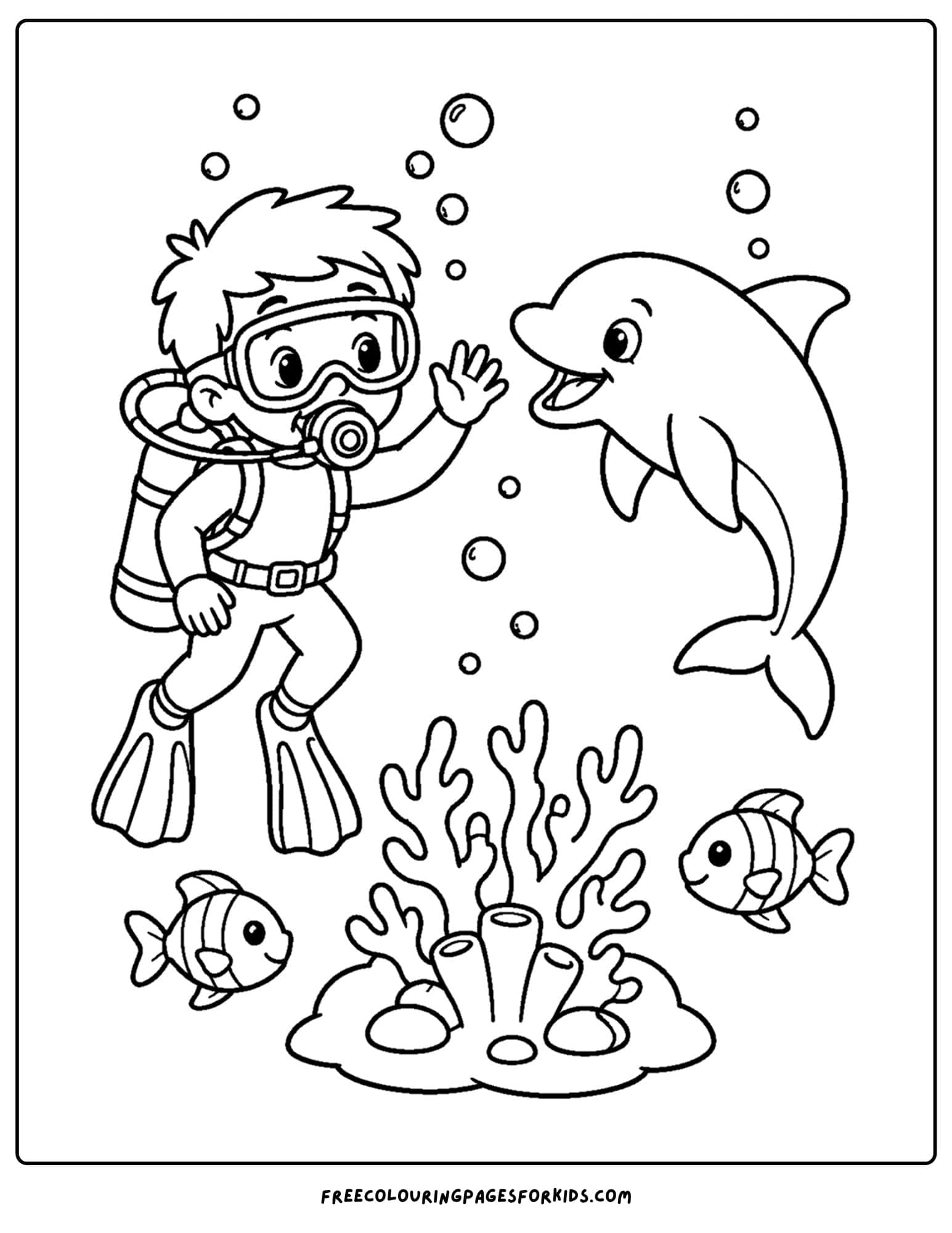 a coloring page of a scuba diver and a dolphin under the water