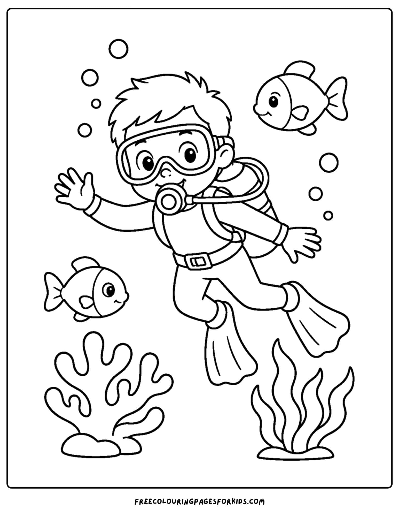 a coloring page of a scuba diver on their first dive