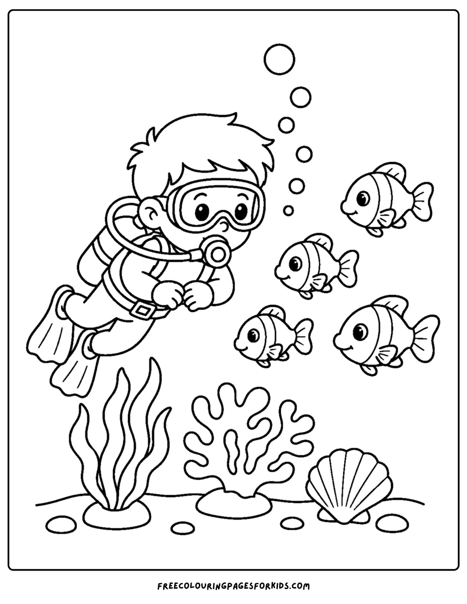 a coloring page of a scuba diver and a school of fish