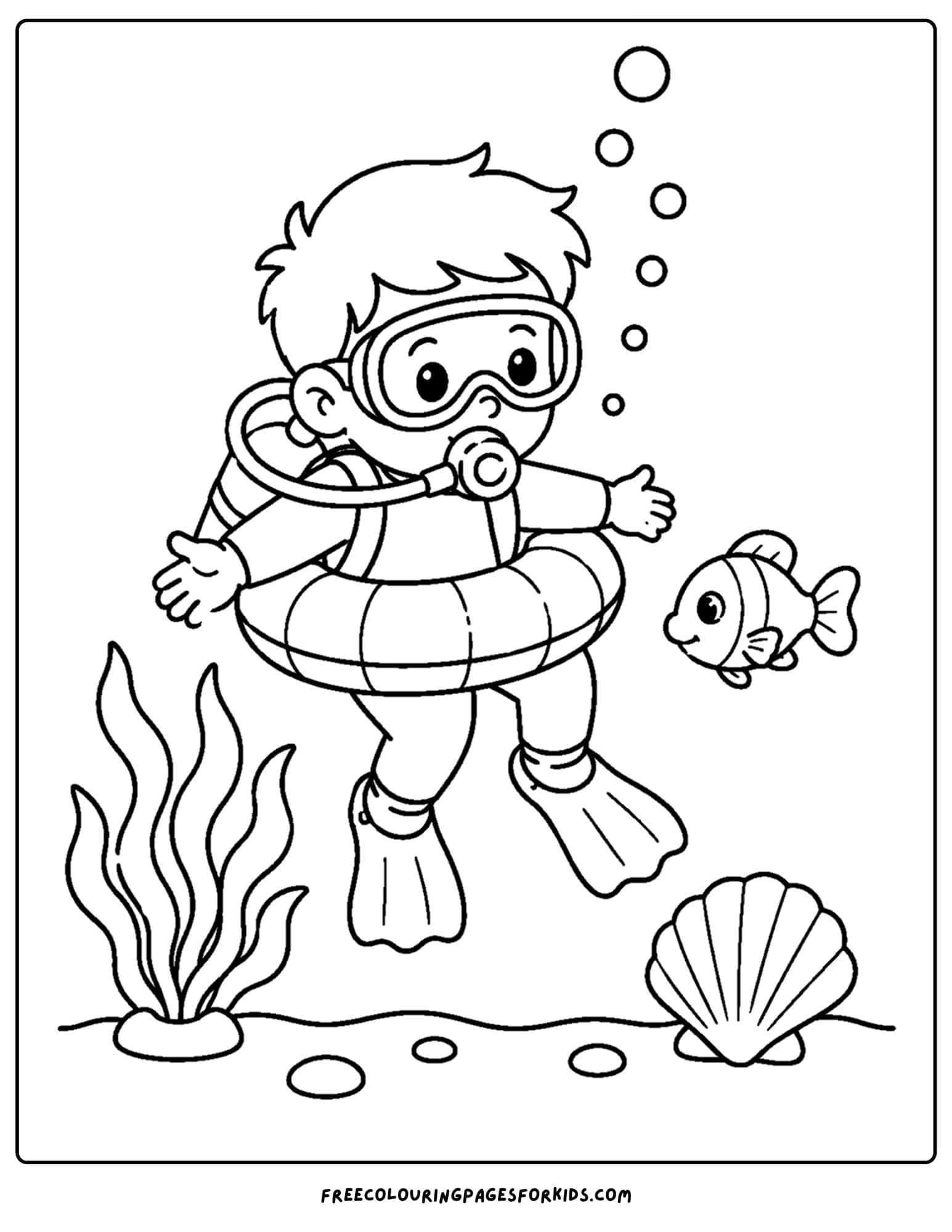 a coloring page of a scuba diver practicing with a floating device