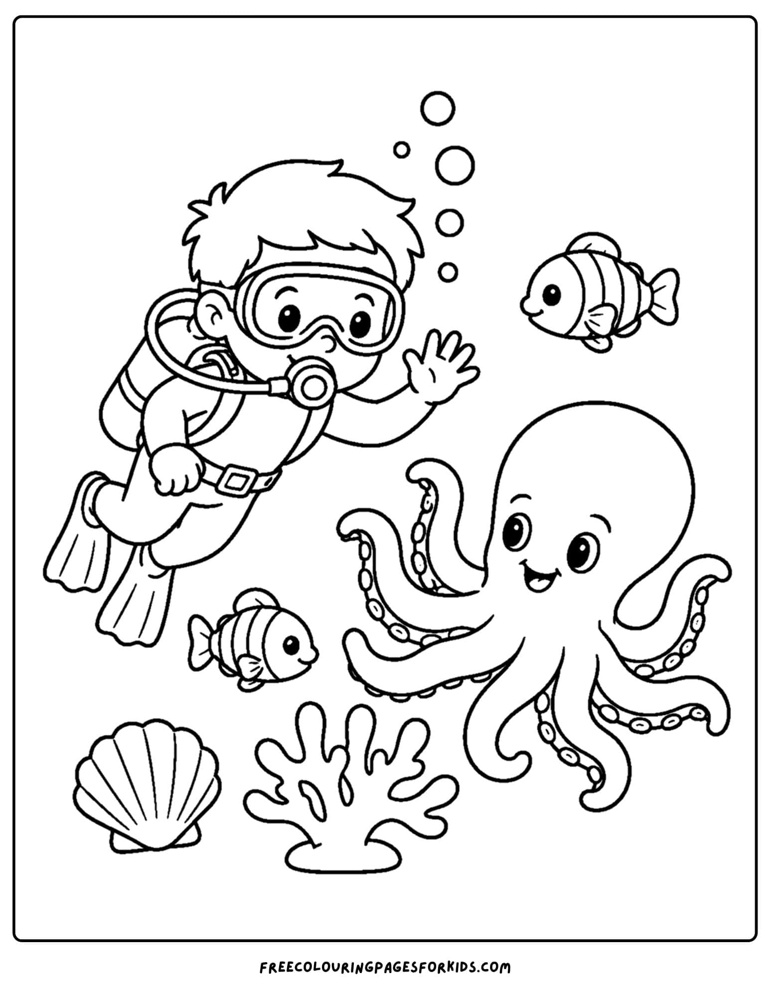 a coloring page of a scuba diver waving at an octopus