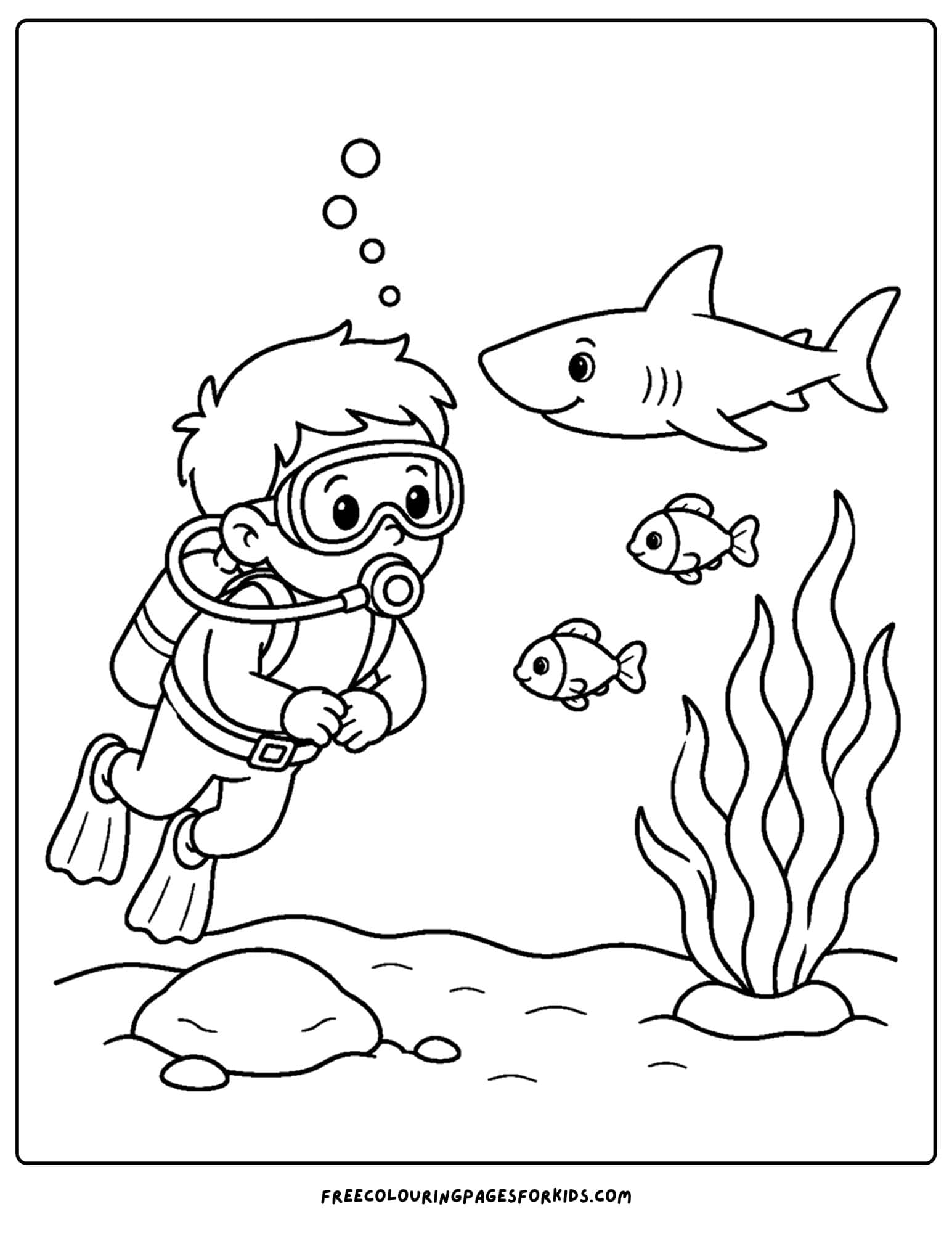 a coloring page of a scuba diver and a friendly shark