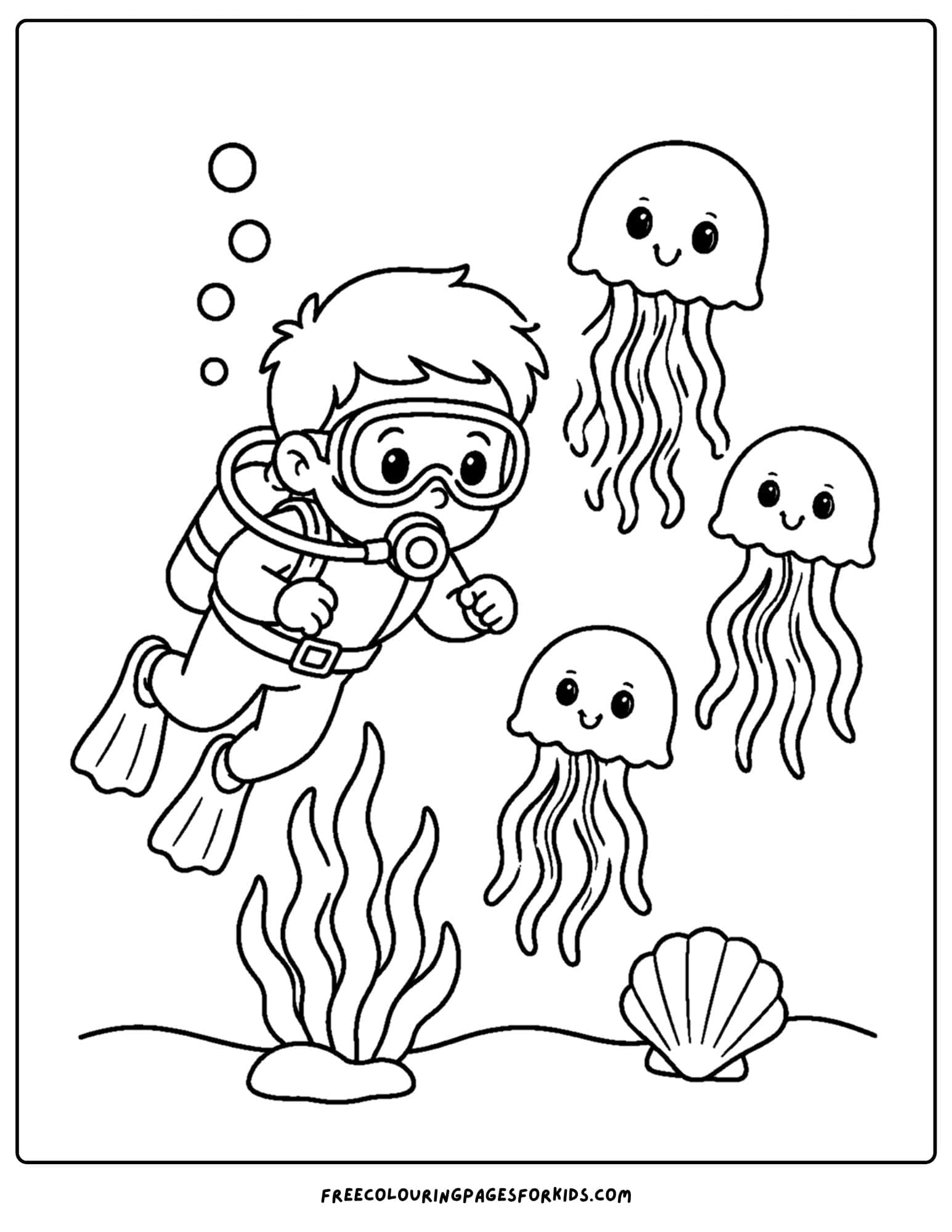 a coloring page of a scuba diver and some jellyfish