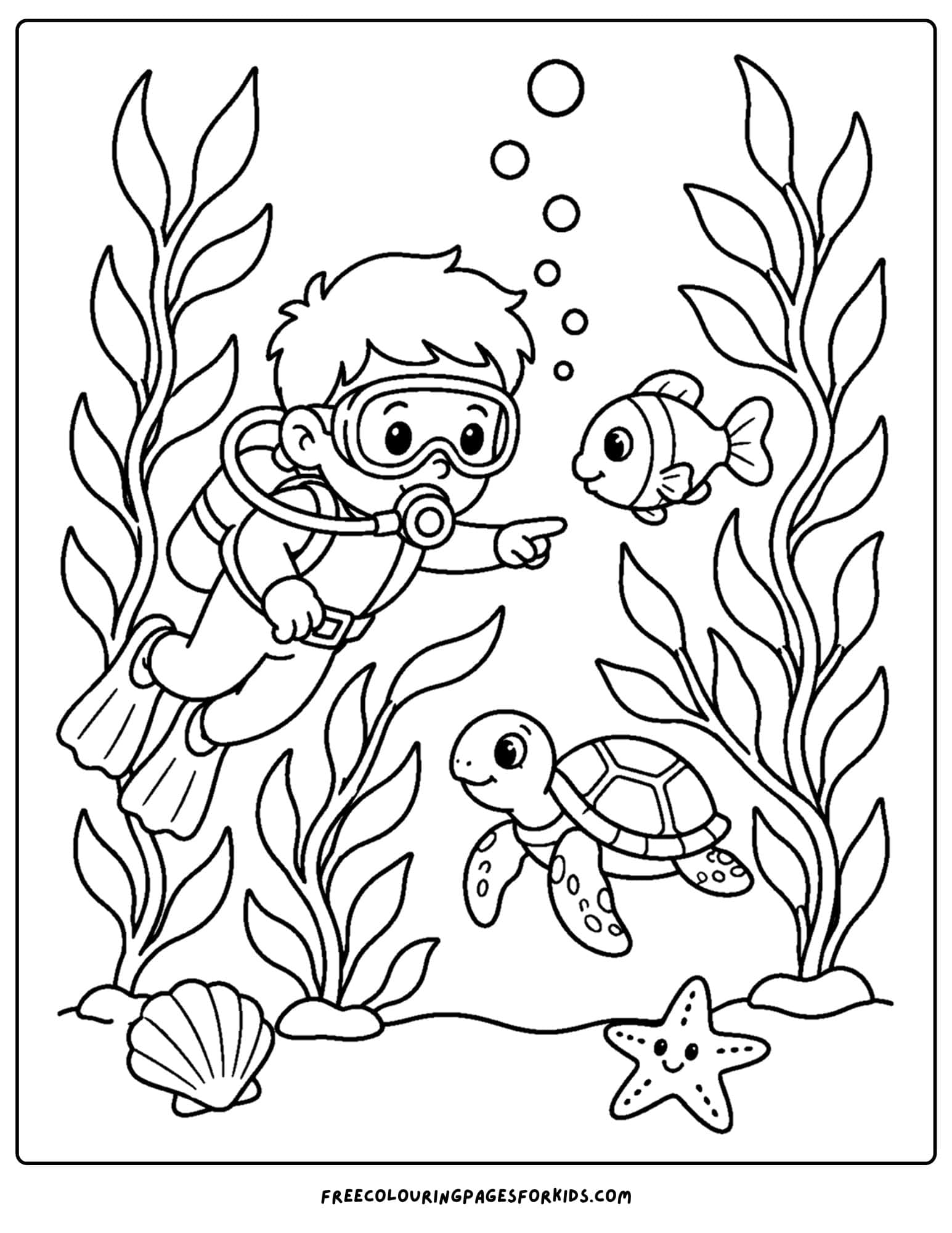 a coloring page of a scuba diver in a kelp forest