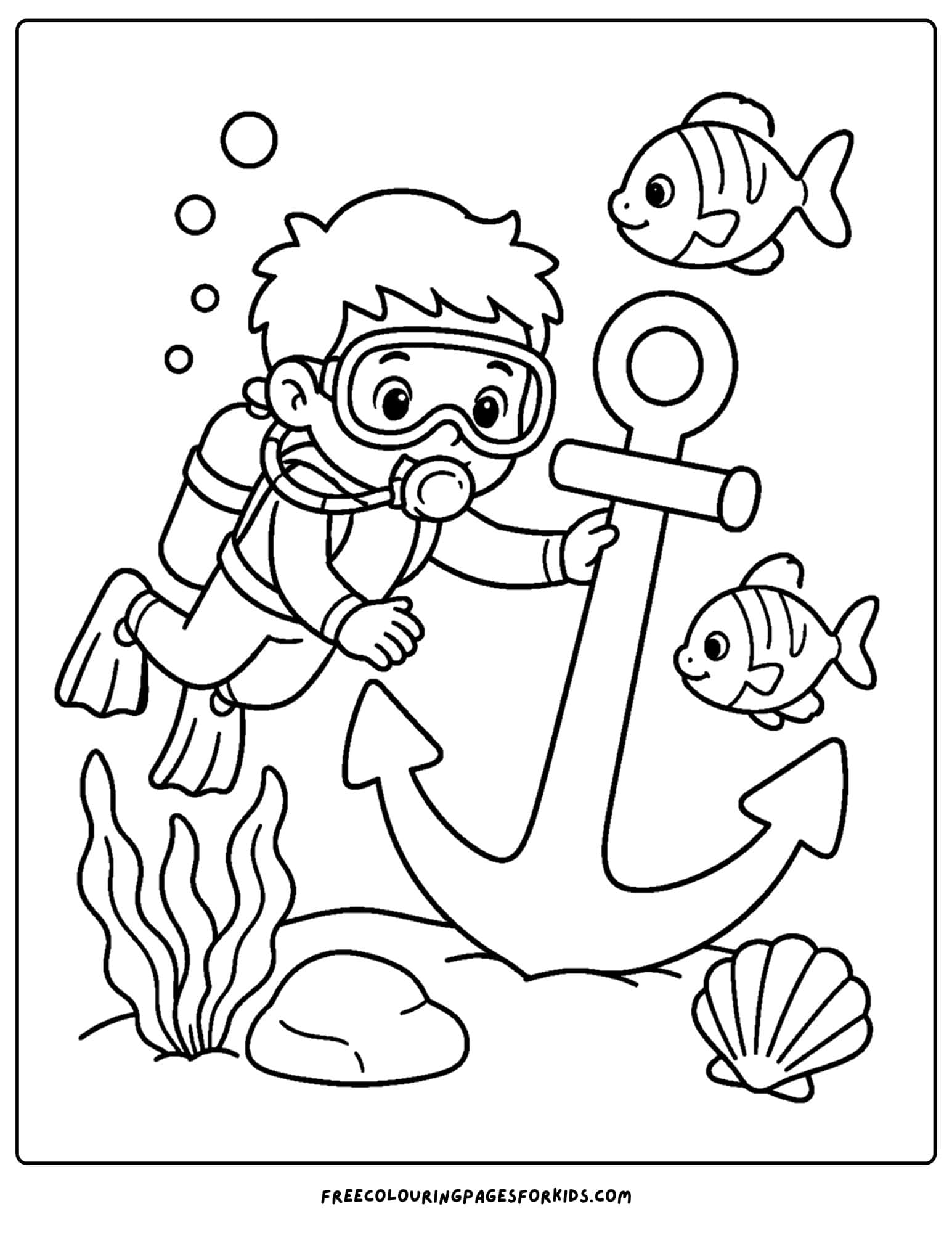 a coloring page of a scuba diver finding a big anchor