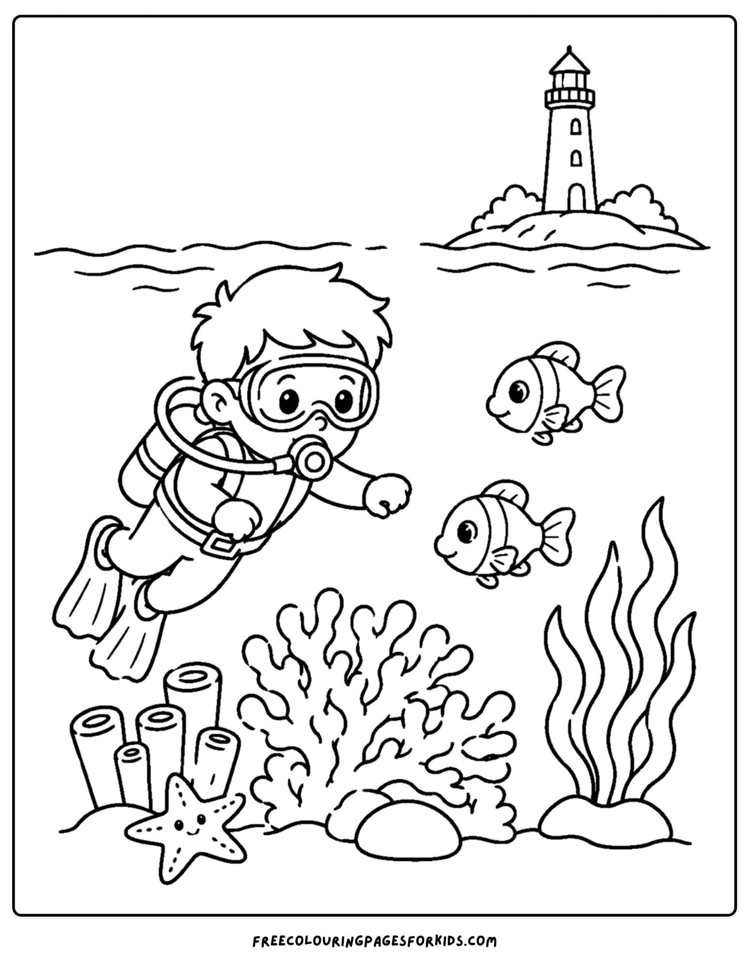 a coloring page of a scuba diver in the water with a lighthouse on the coast far away