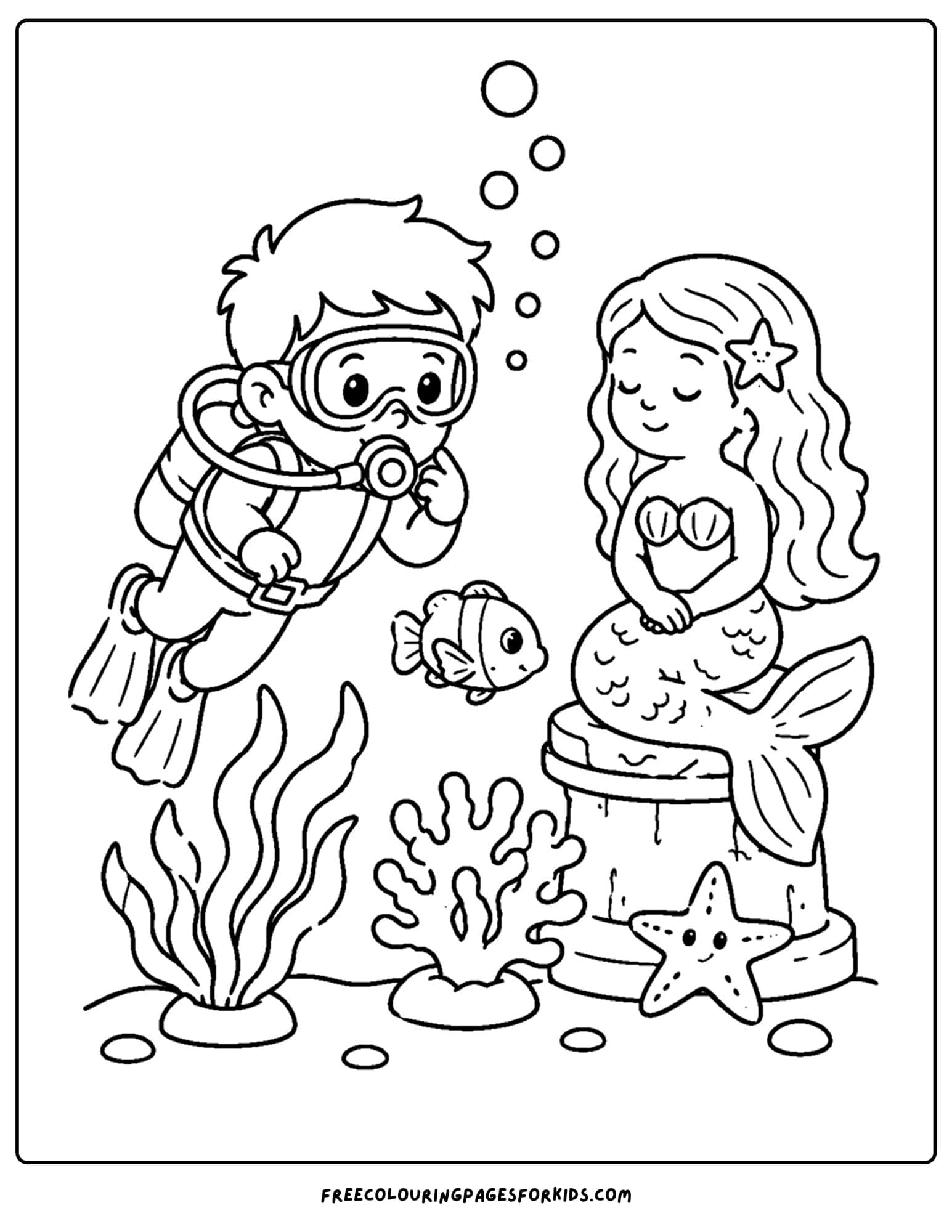a coloring page of a scuba diver finding a mermaid statue underwater