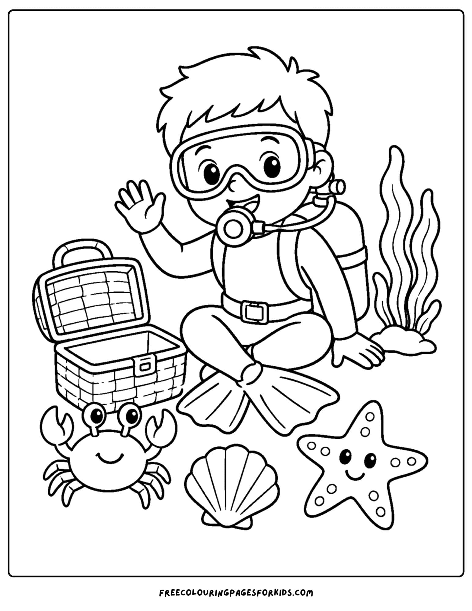 a coloring page of a scuba diver having a picnic under the water