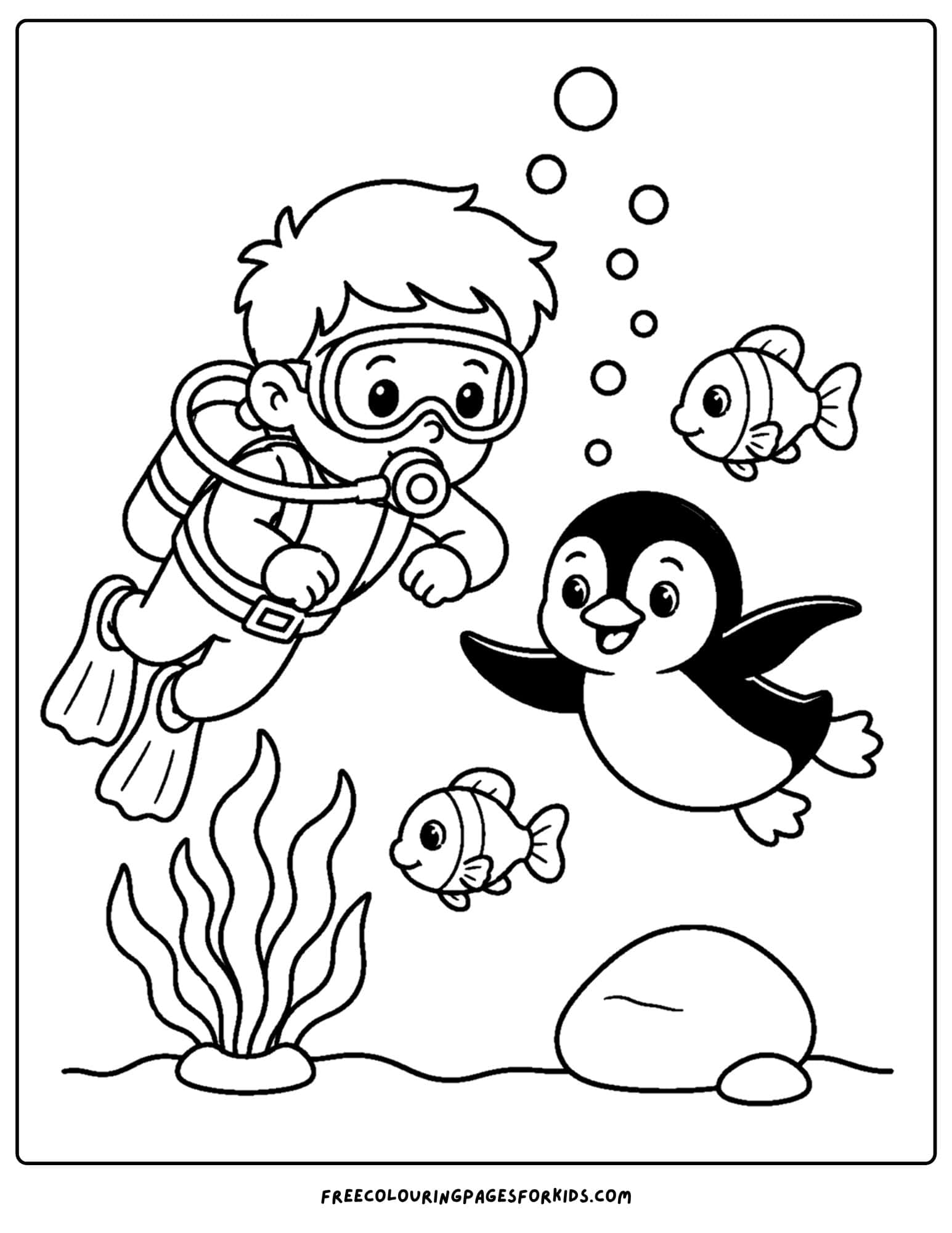 a coloring page of a scuba diver meeting a penguin under the water