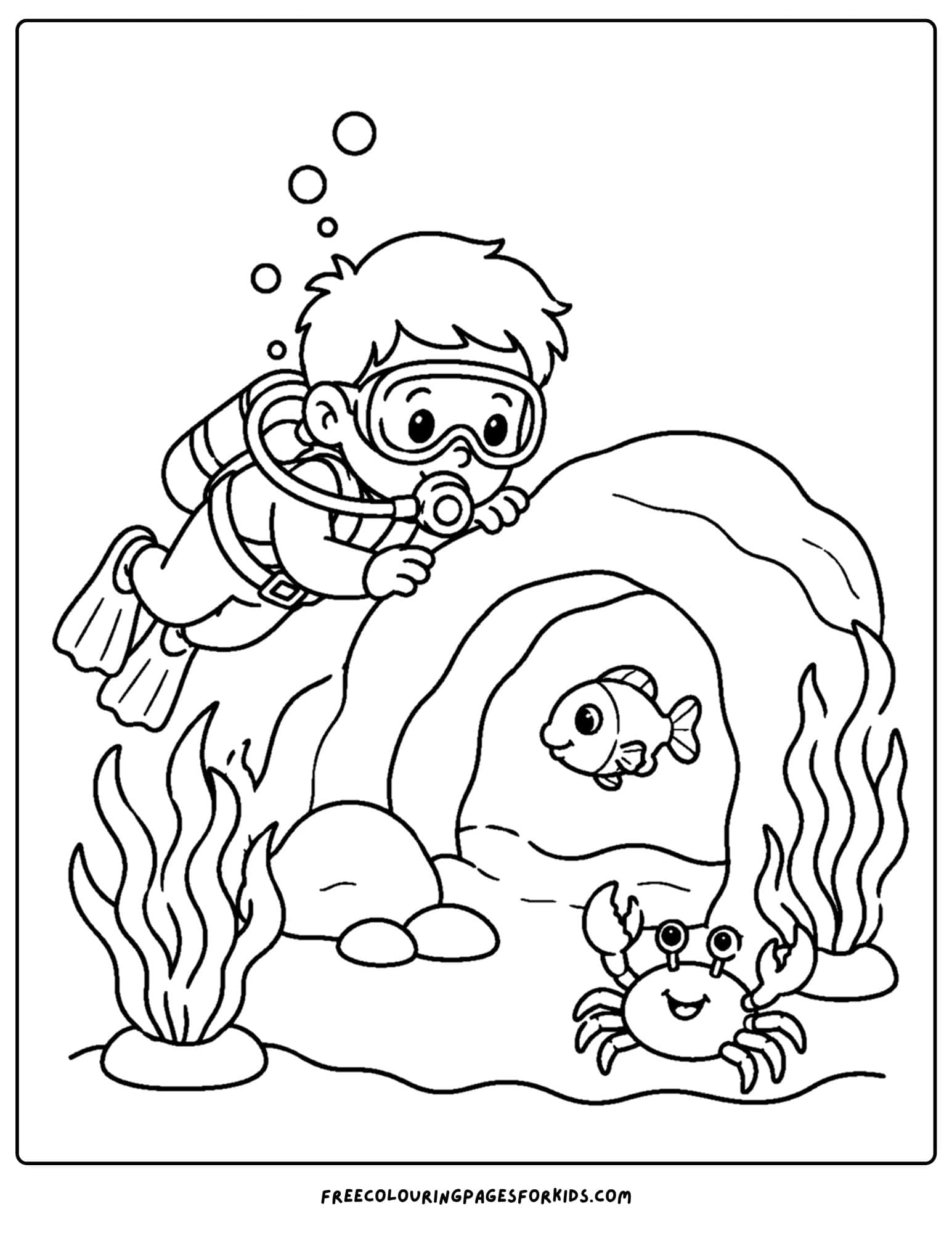 a coloring page of a scuba diver looking into a cave