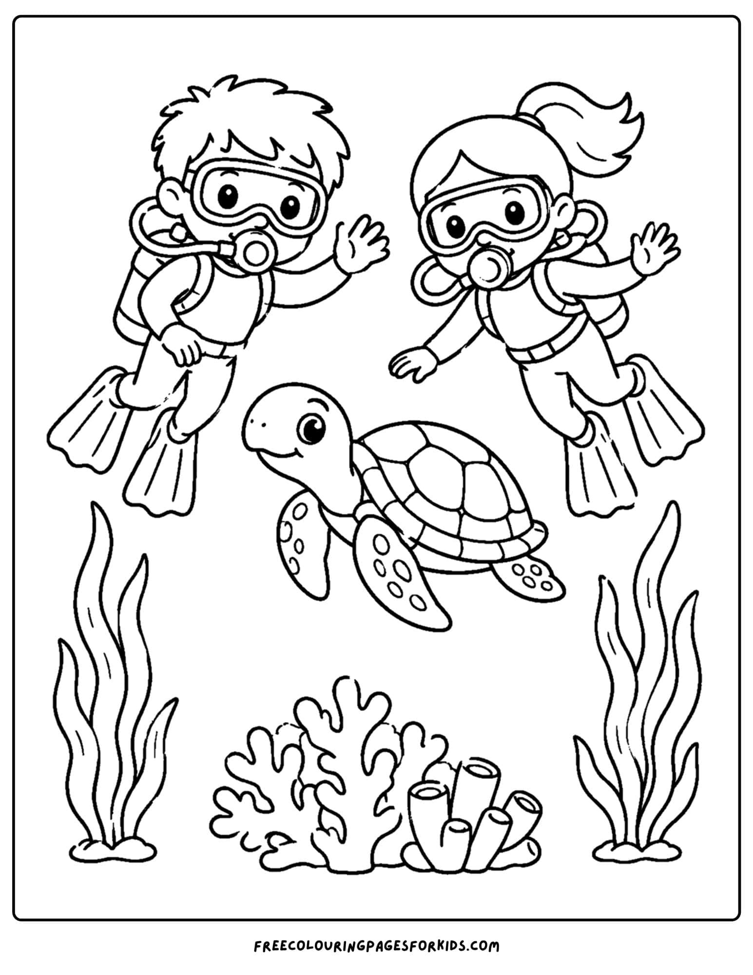 a coloring page of a scuba diver and friend watching a turtle