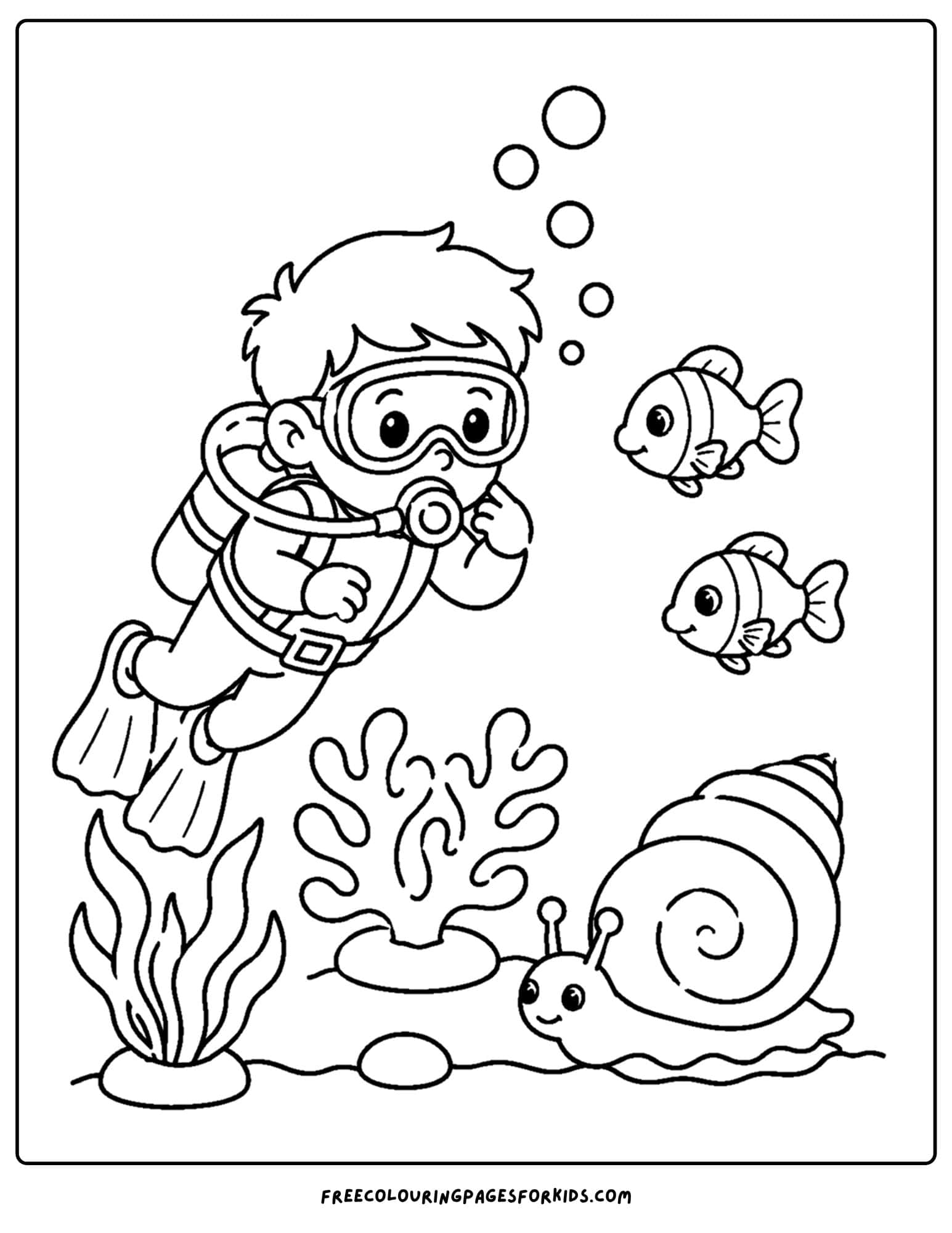 a coloring page of a scuba diver and a sea snail
