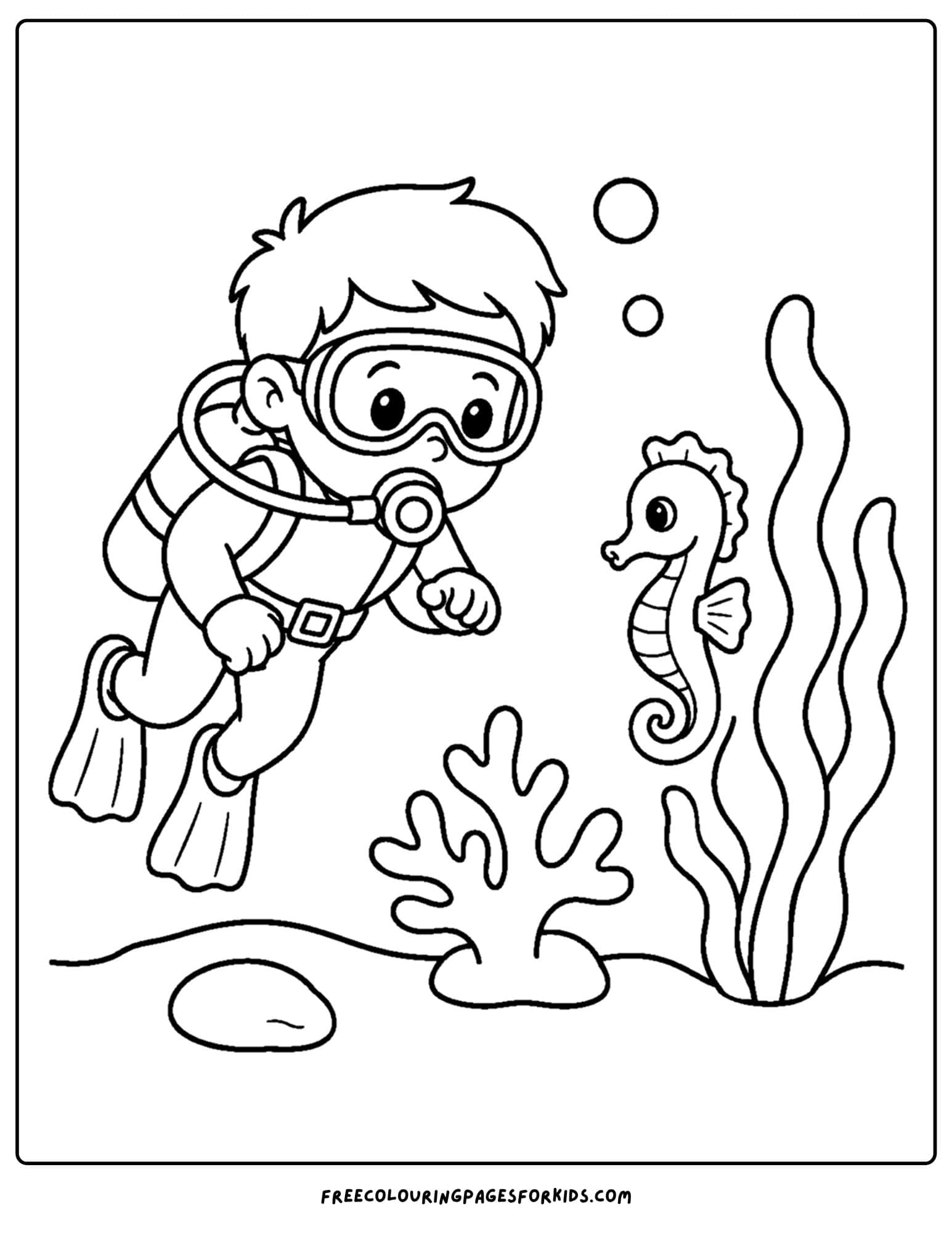 a coloring page of a scuba diver and a seahorse
