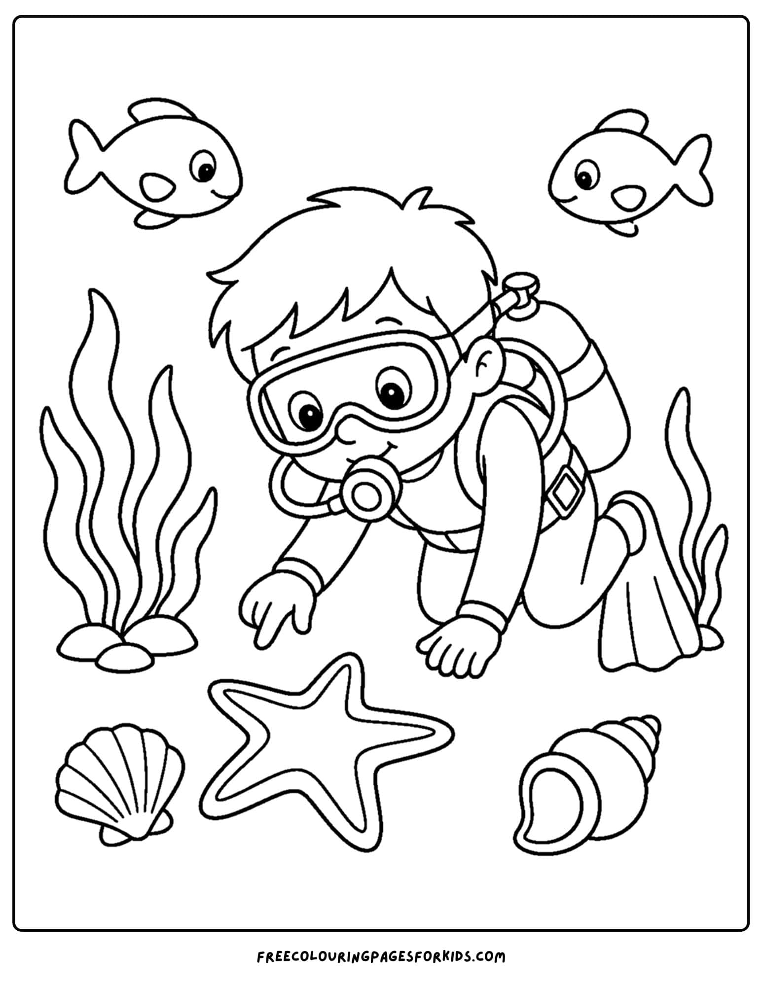 a coloring page of a scuba diver finding a starfish