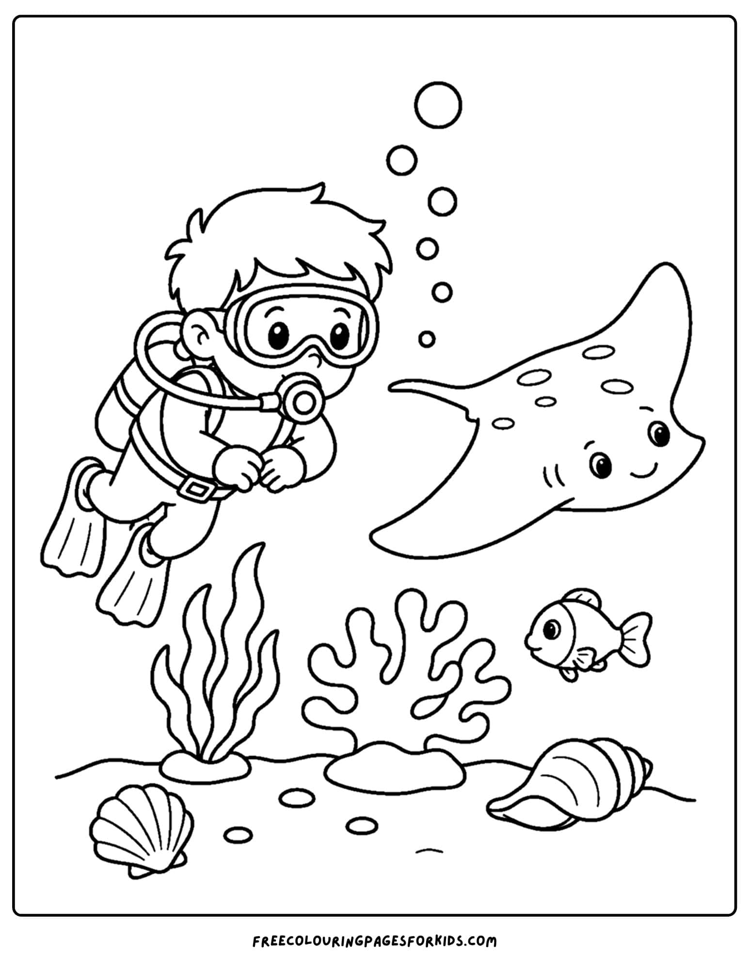a coloring page of a scuba diver and a stingray