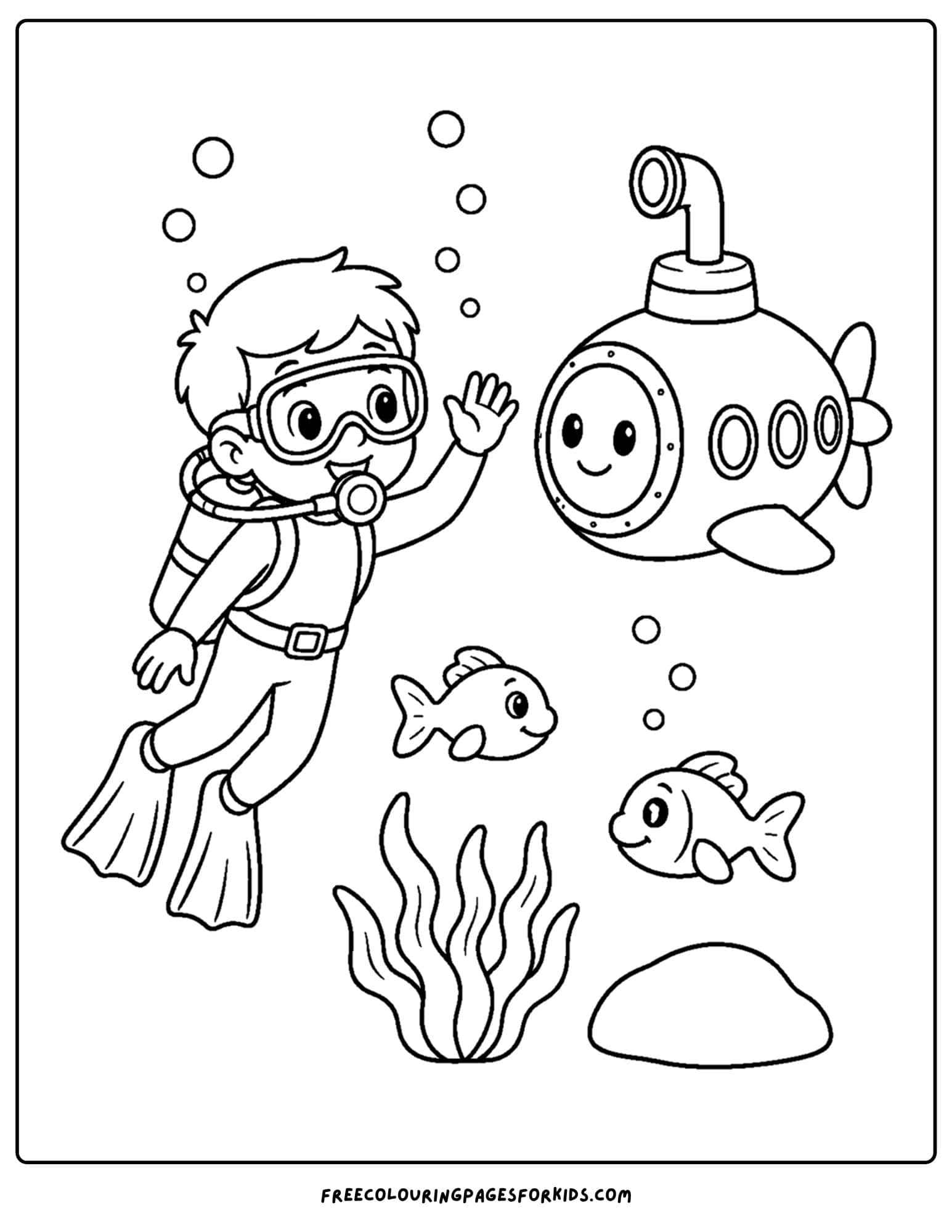 a coloring page of a scuba diver waving to a submarine