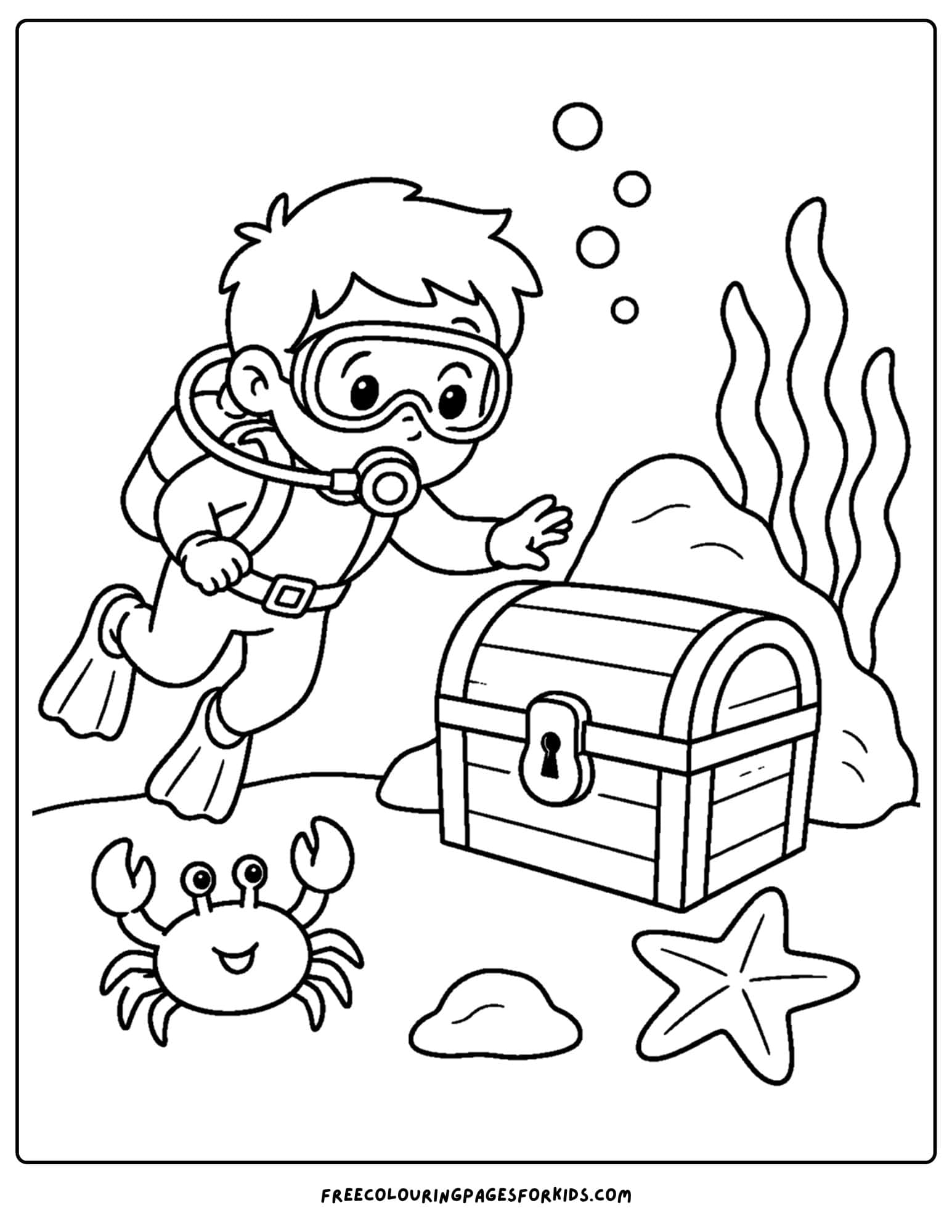 a coloring page of a scuba diver finding a treasure chest