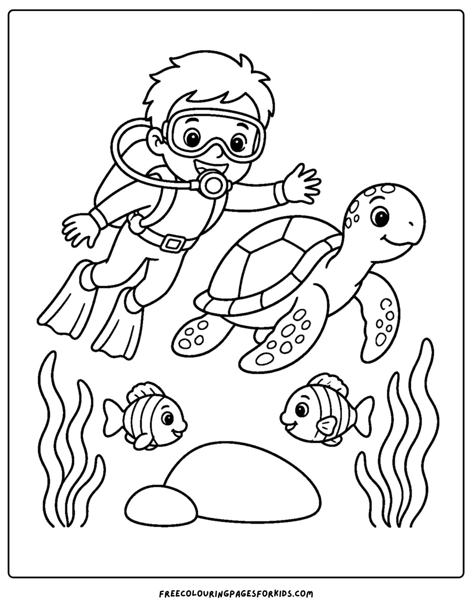 a coloring page of a scuba diver swimming with a turtle