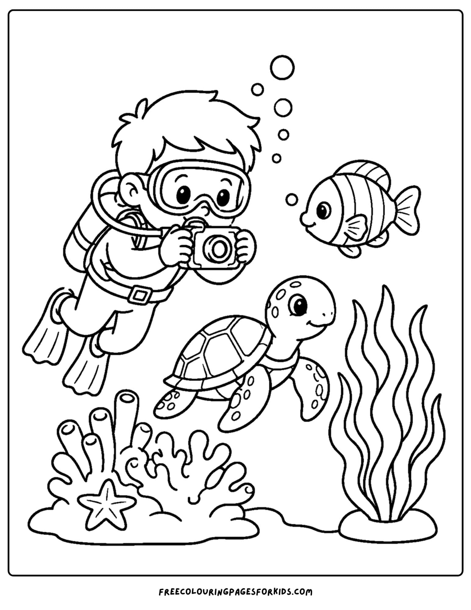 a coloring page of a scuba diver using an underwater camera