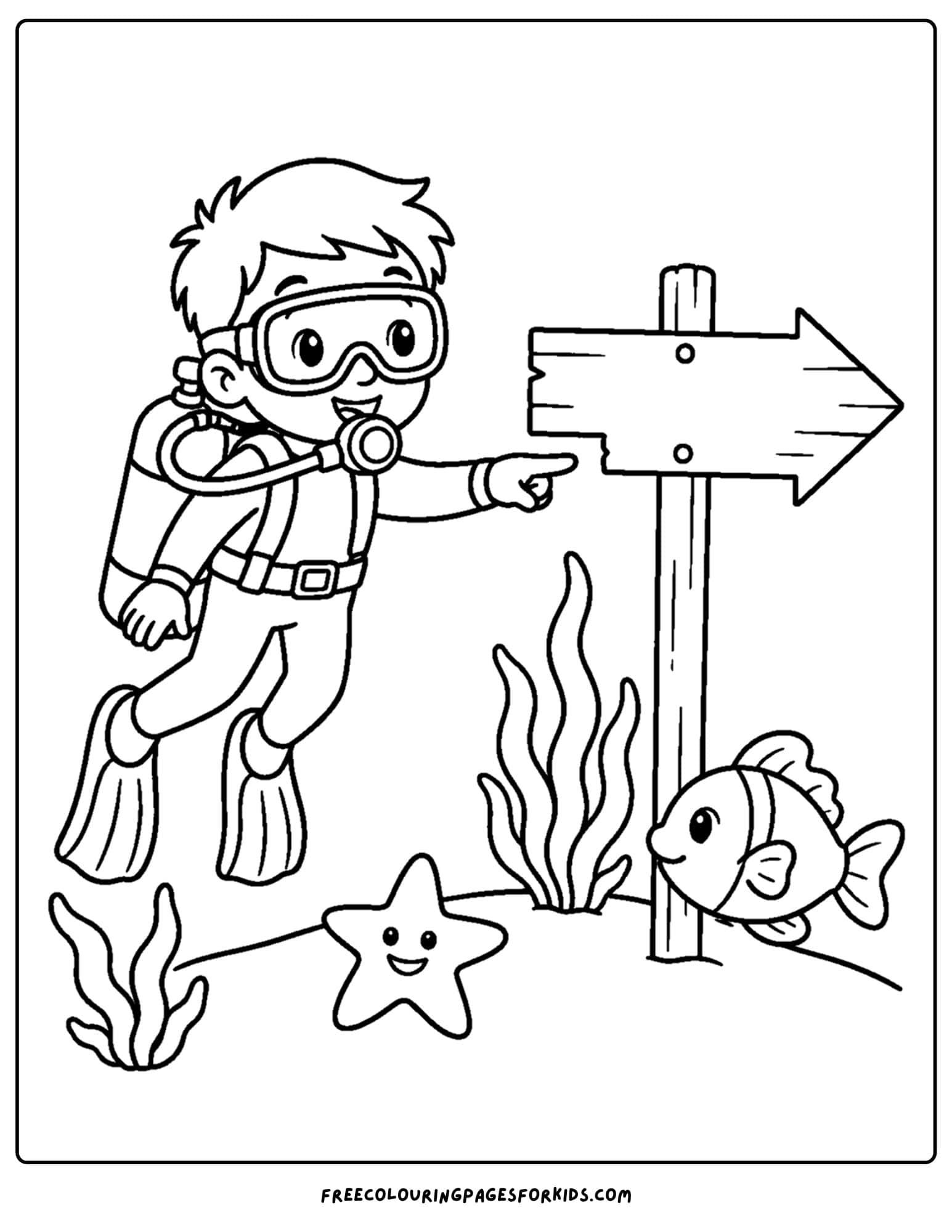 a coloring page of a scuba diver looking at an underwater sign post