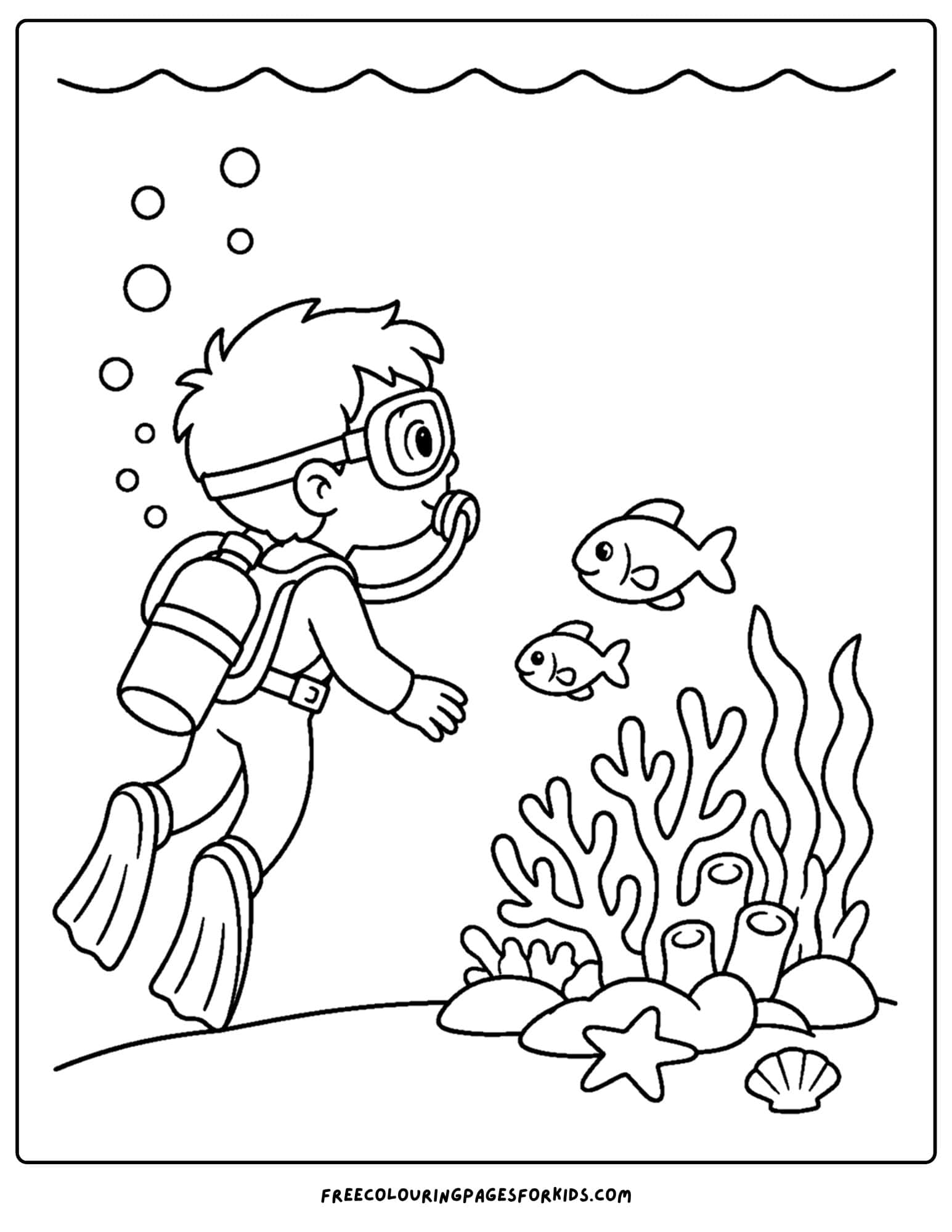 a coloring page of a scuba diver under the water with fish and coral
