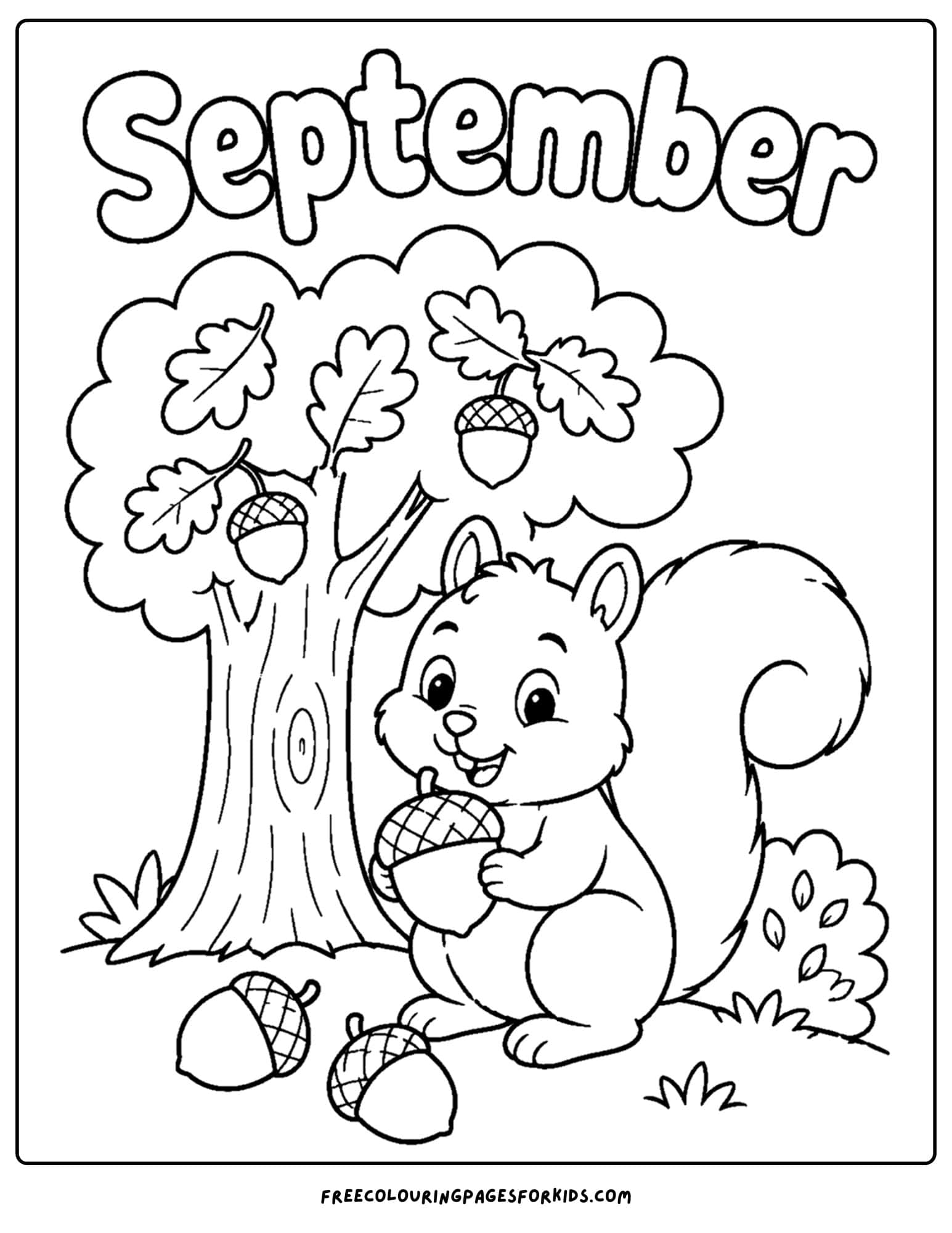 a september coloring page showing a squirrel collecting acorns below a tree