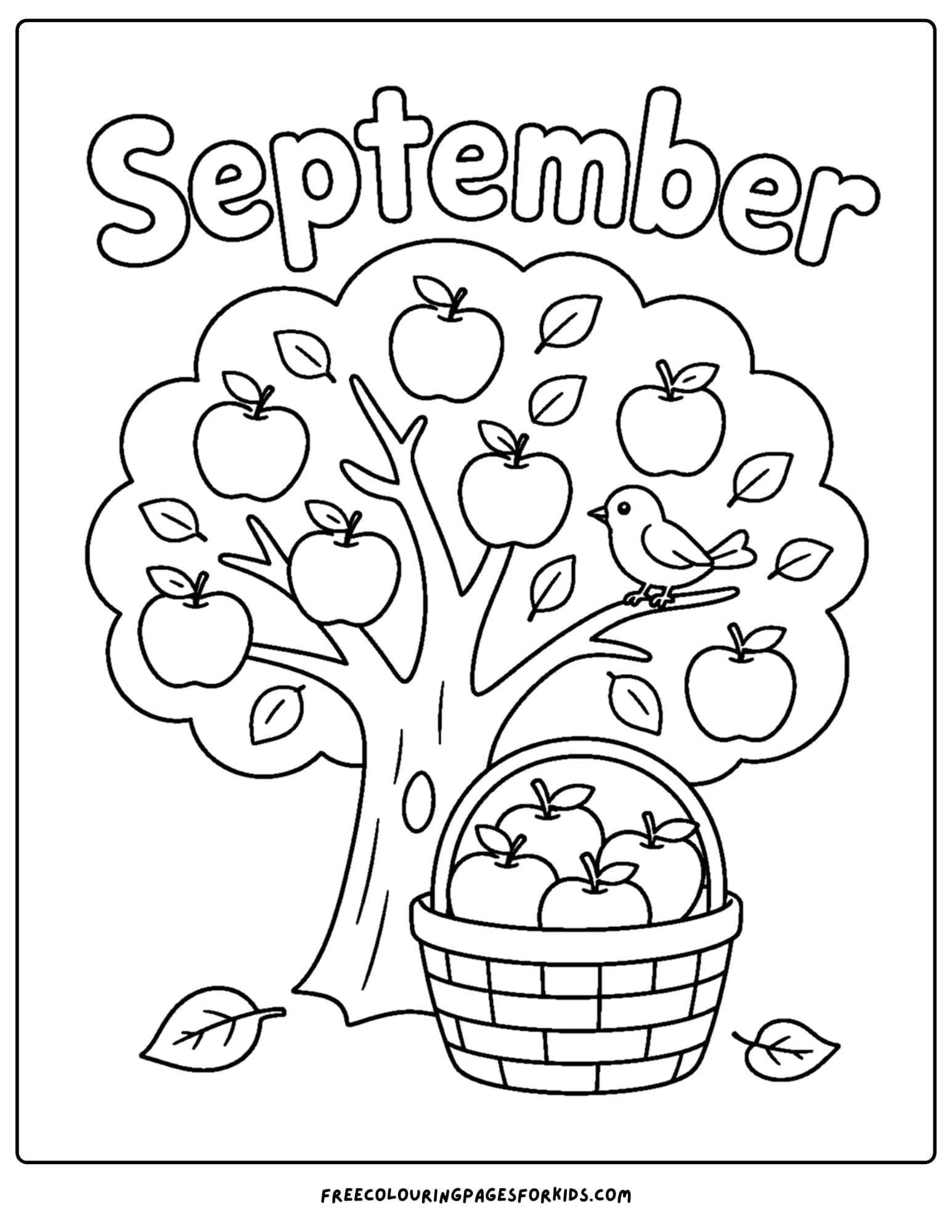 a september coloring page showing an apple tree