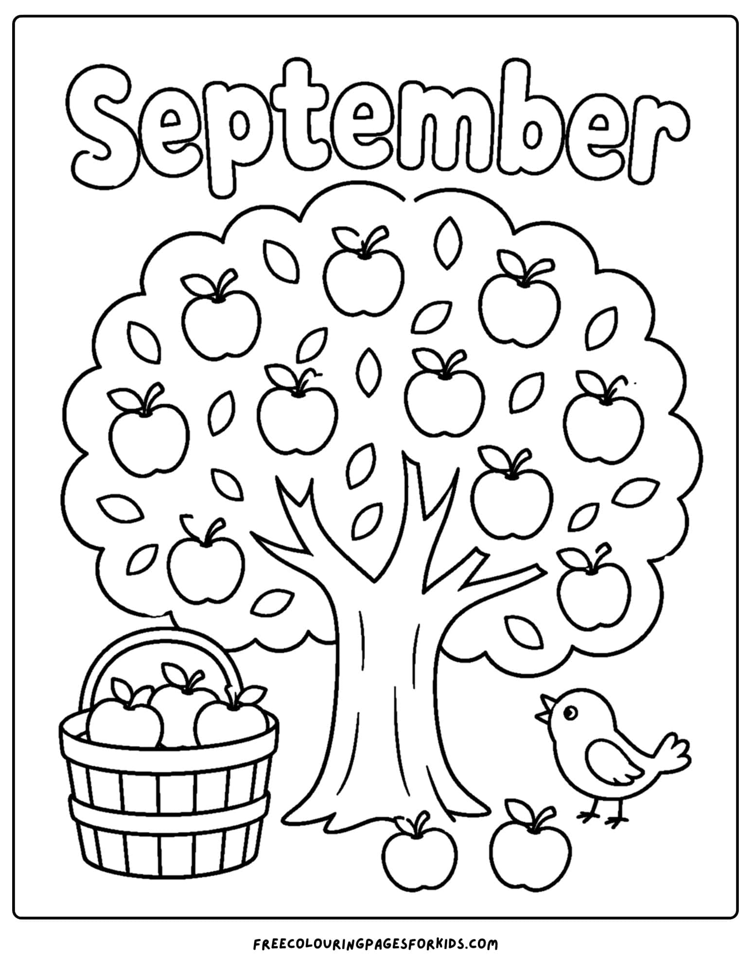 a september coloring page showing an apple tree with a basket full of apples below it