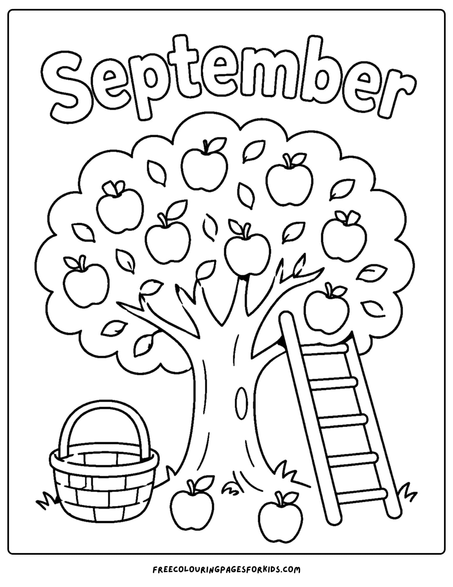 a september coloring page showing an apple tree with a ladder setup to pick apples from it