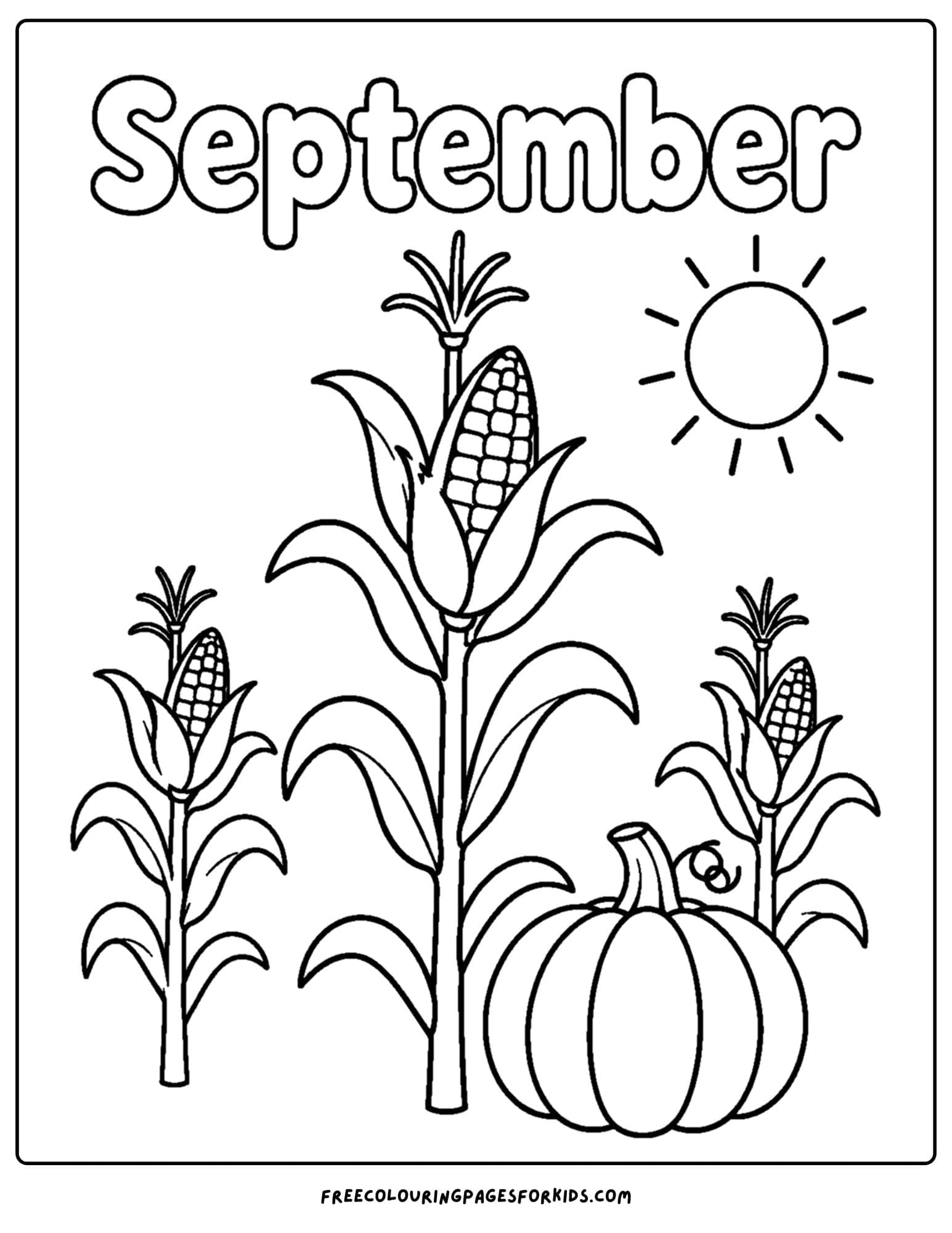 a september coloring page showing stalks of corn on a summer day