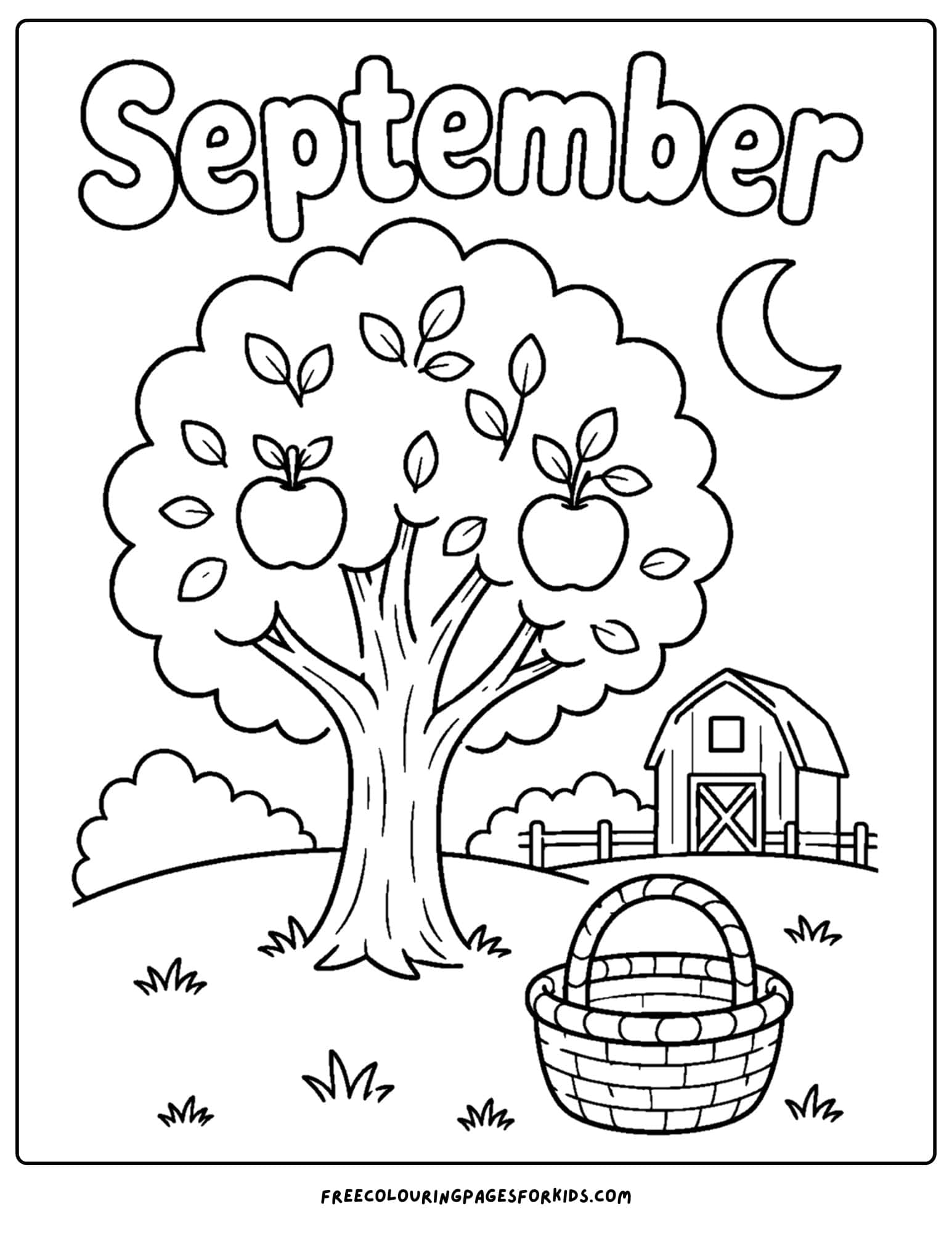 a september coloring page showing an orchard scene of an apple tree and barn in the background at night