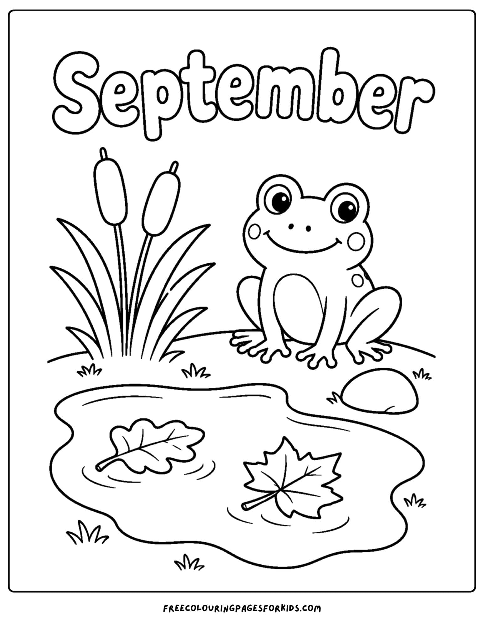 a september coloring page showing a frog beside a pond