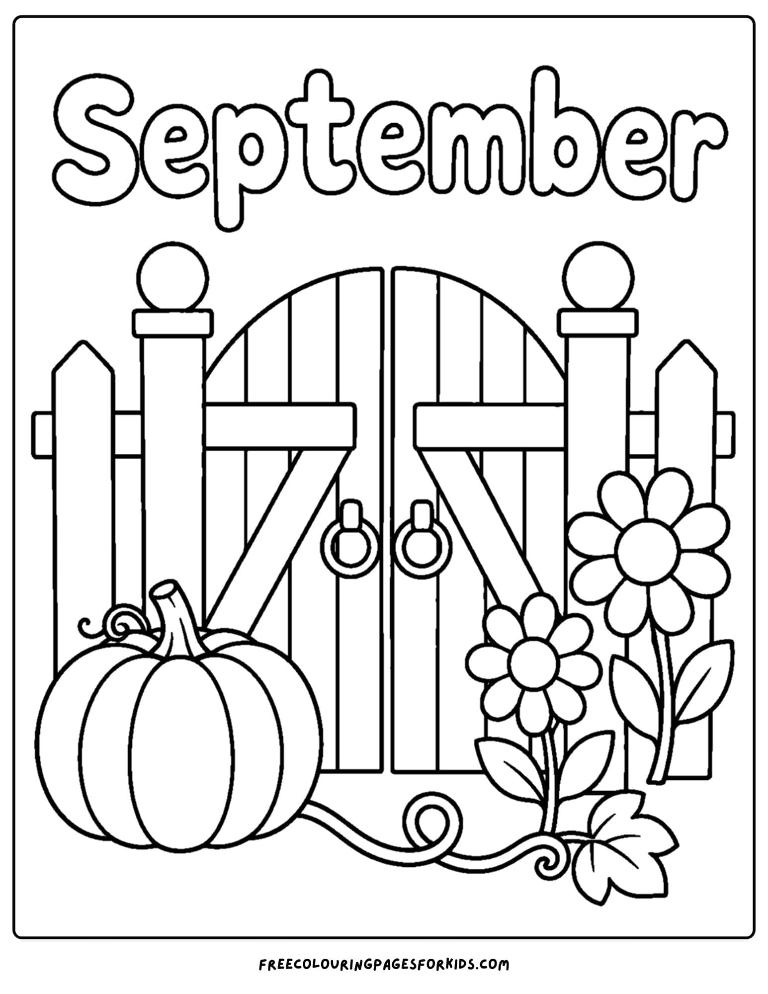a september coloring page showing a garden gate with flowers and a pumpkin