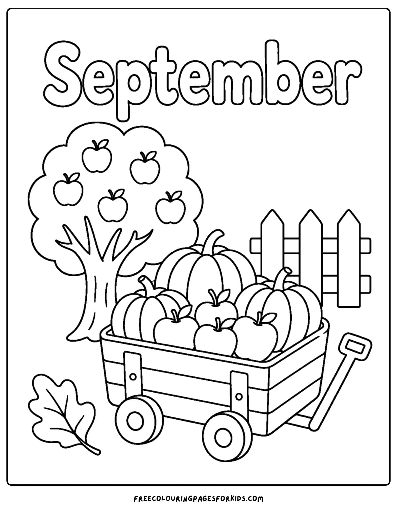 a september coloring page showing a wagon full of harvest vegetables