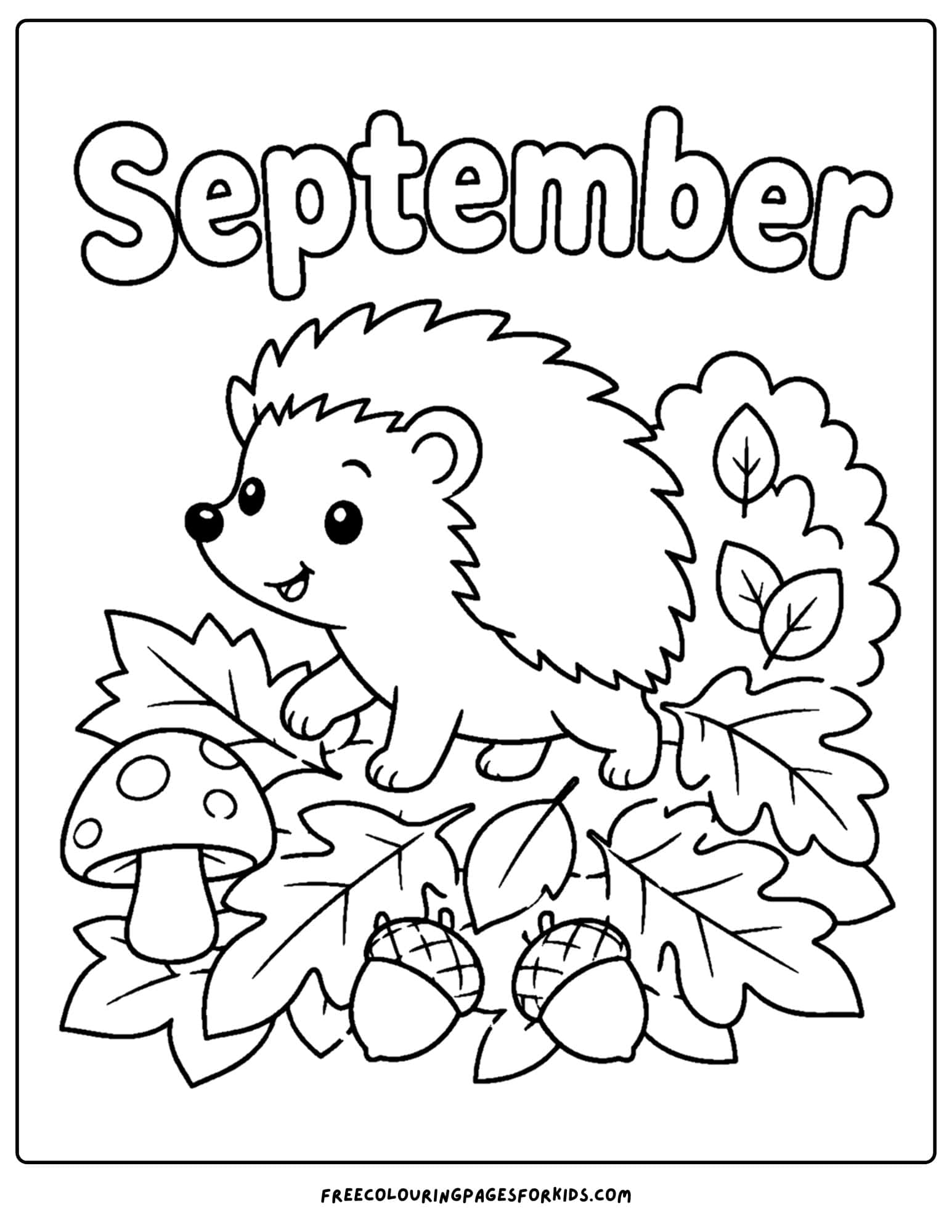 a september coloring page showing a hedgehog going for a walk