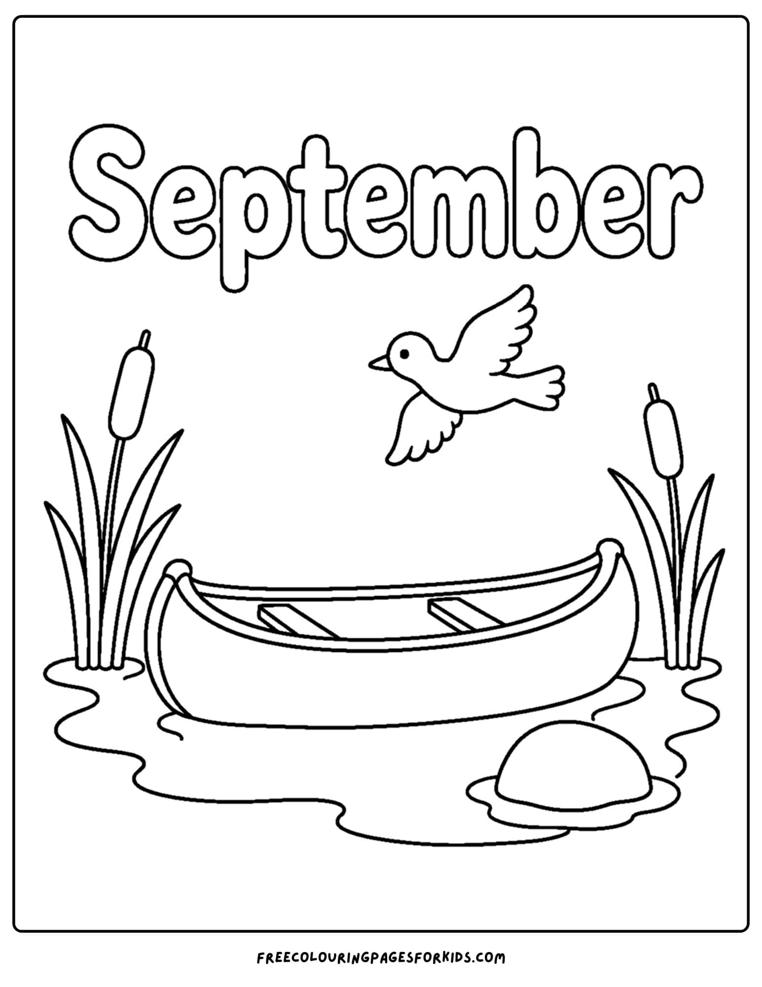 a september coloring page showing a canoe on a lake with a bird flying overhead