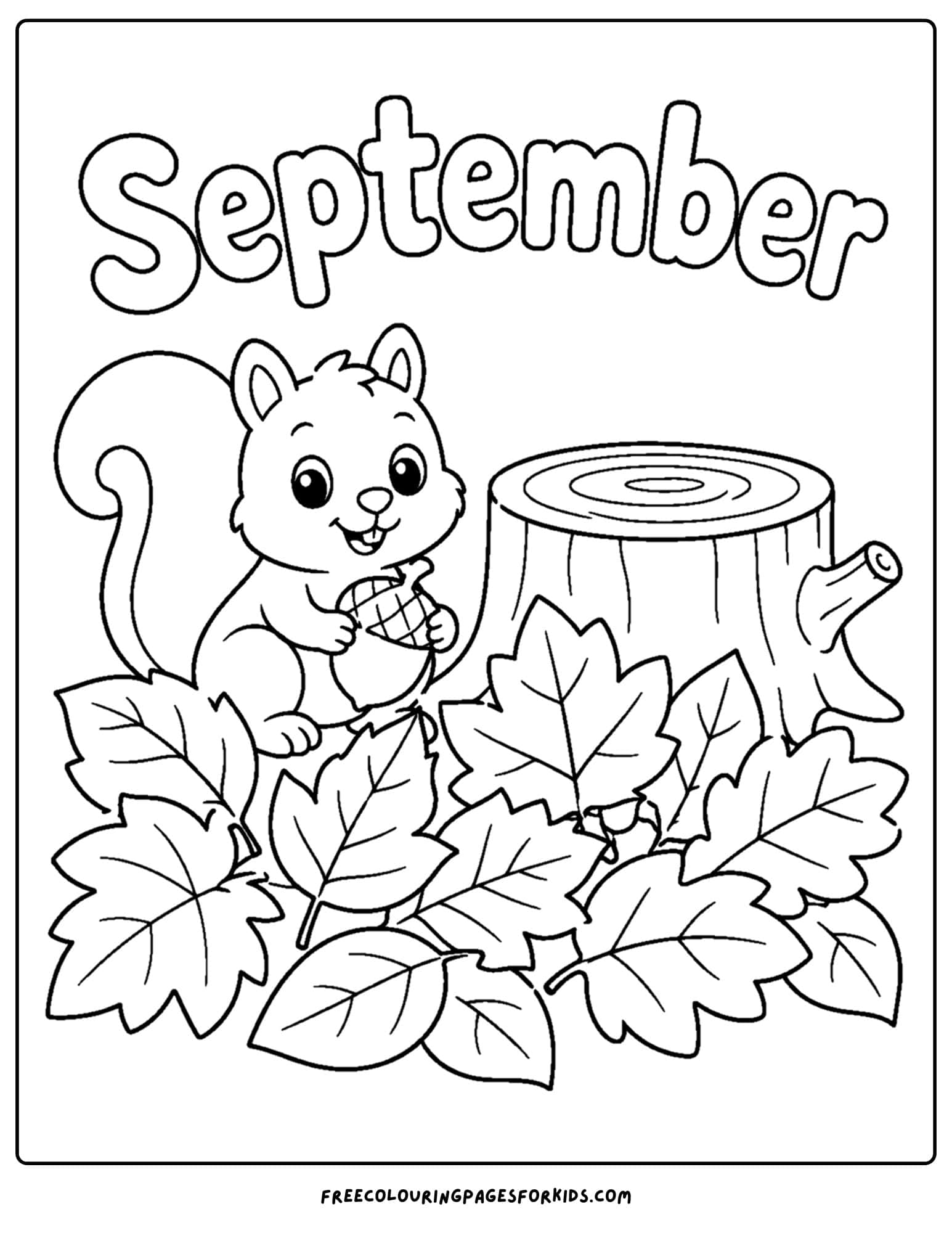 a september coloring page showing a pile of leaves and a squirrel