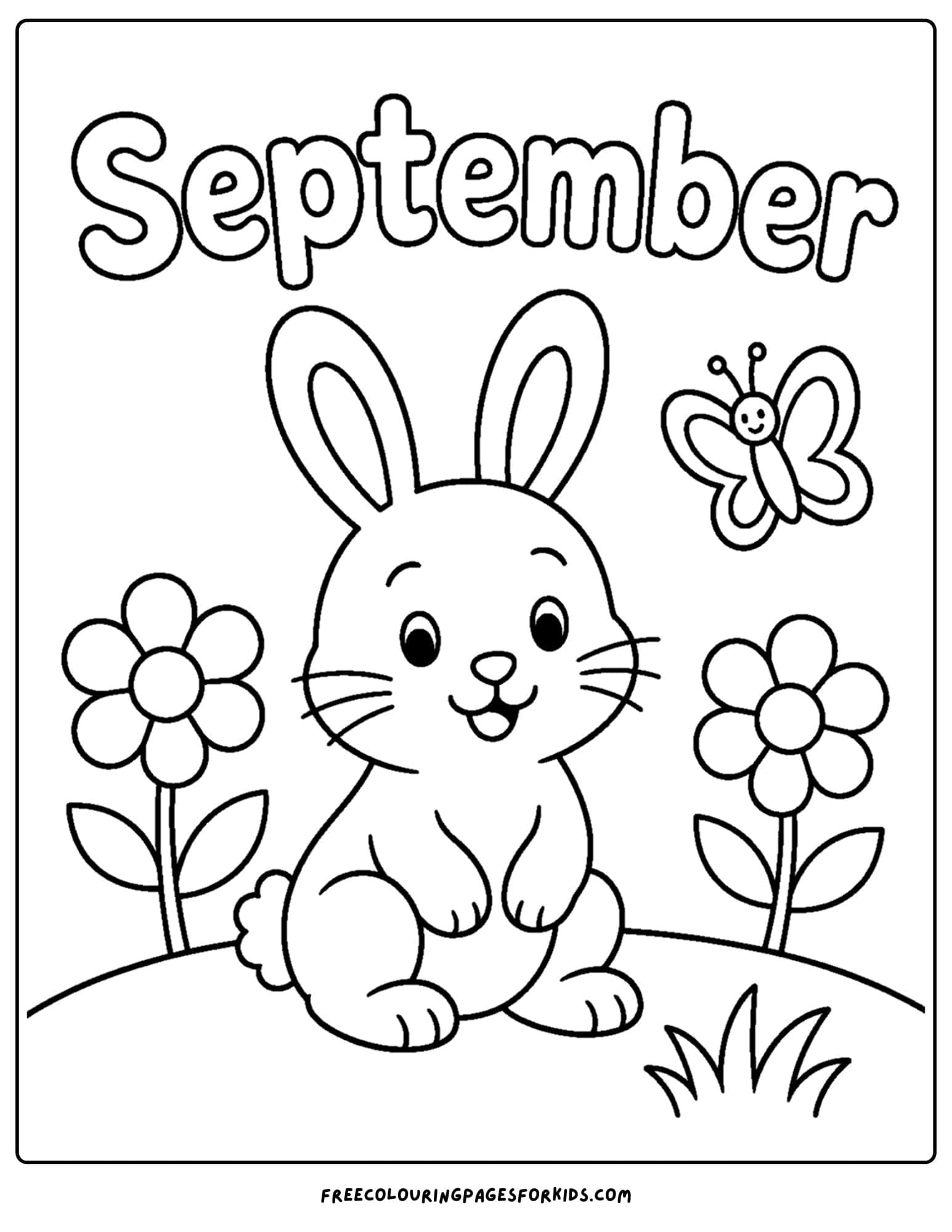 a september coloring page showing a bunny in a meadow of flowers